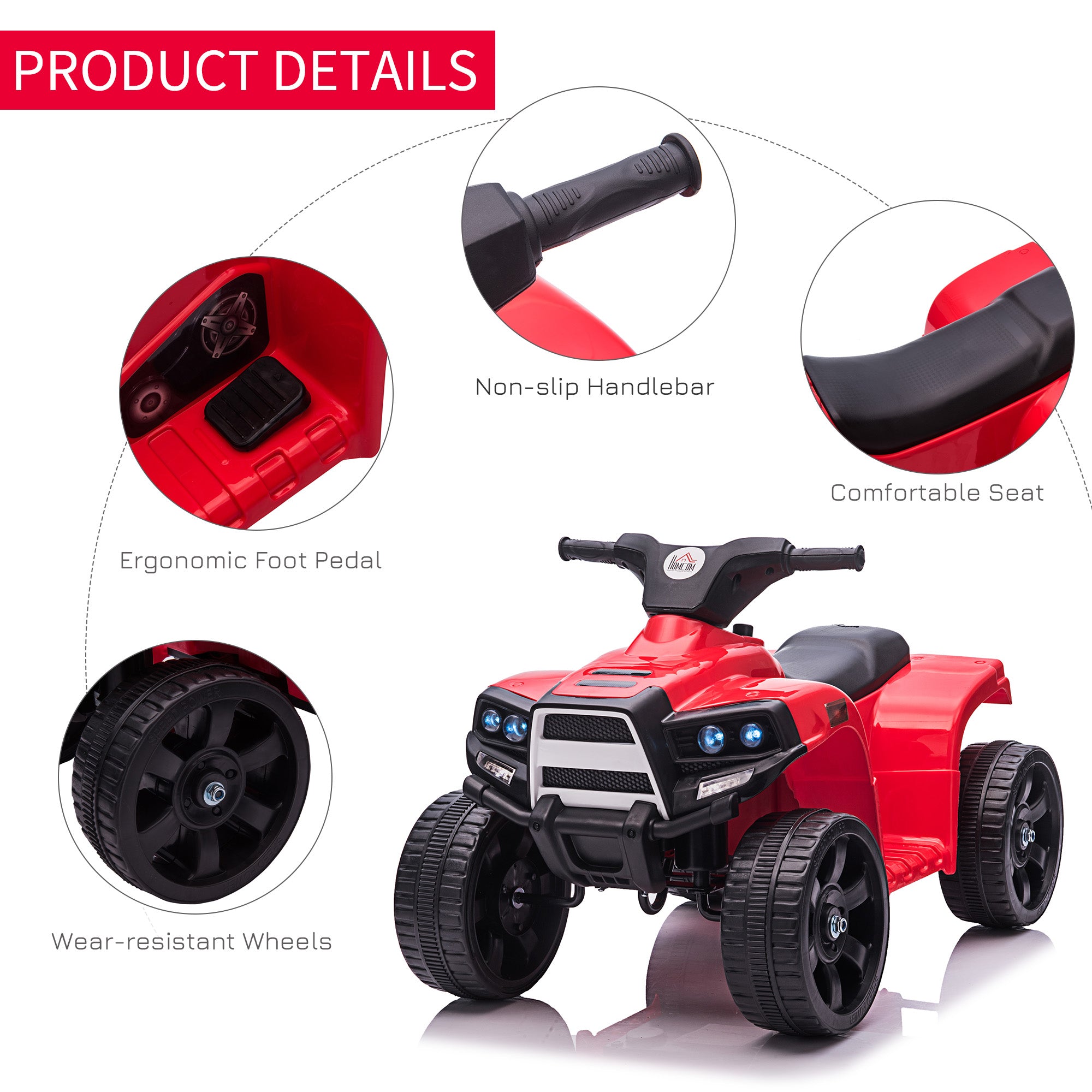 6 V Kids Ride on Cars Quad Bike Electric ATV Toy for Toddlers w/ Headlights Battery Powered for 18-36 months Black+Red