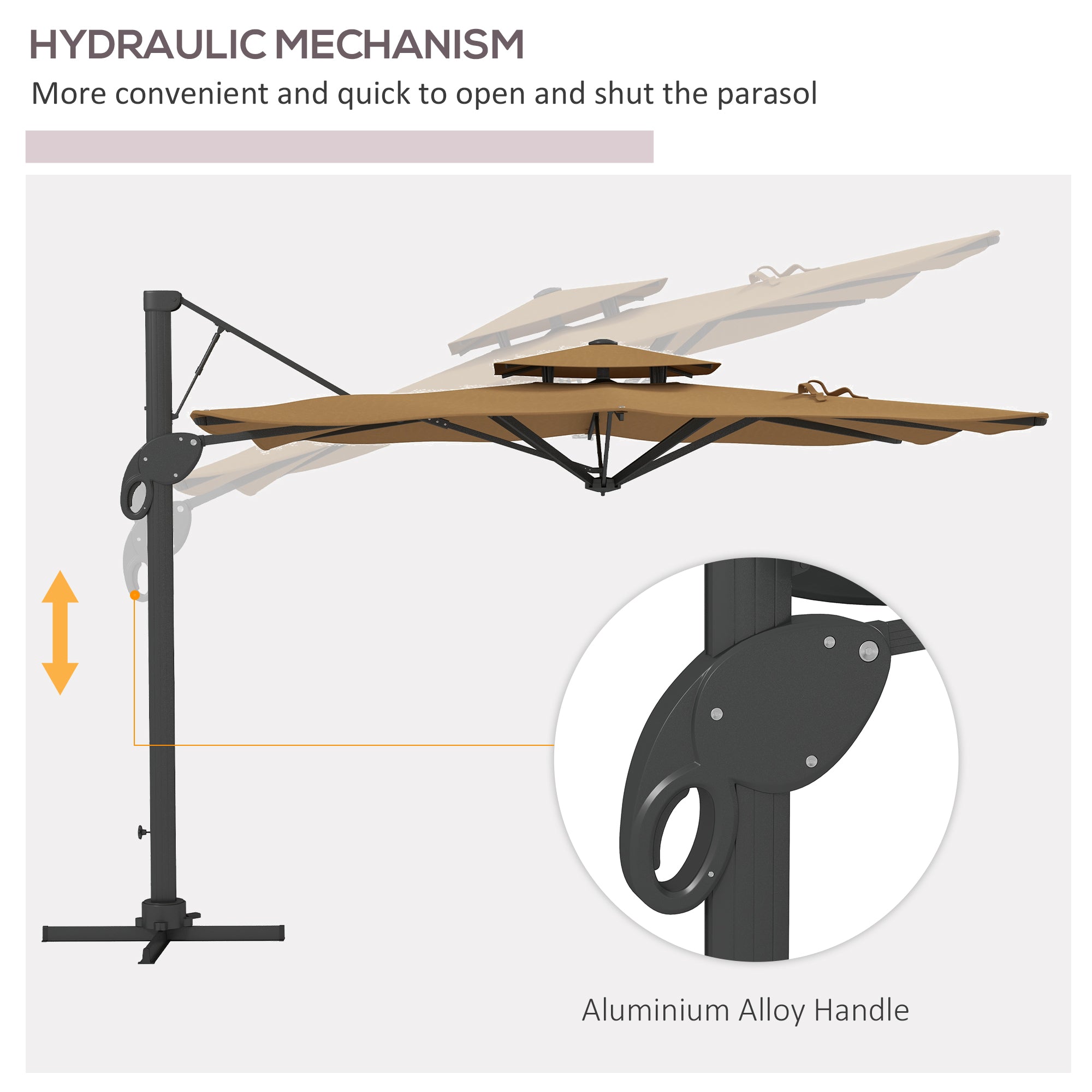 Garden Parasol, 3(m) Cantilever Parasol with Hydraulic Mechanism, Dual Vented Top, 8 Ribs, Cross Base, Khaki