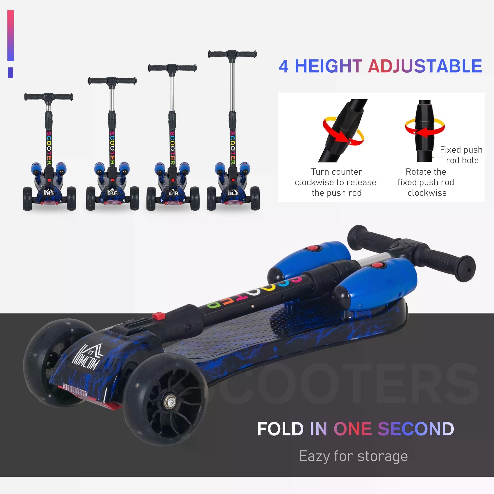 Kids 3 Wheel Kick Scooter Adjustable Height w/ Flashing Wheels Music Water Spray Foldable Design Cool On Off Road Vehicle Blue