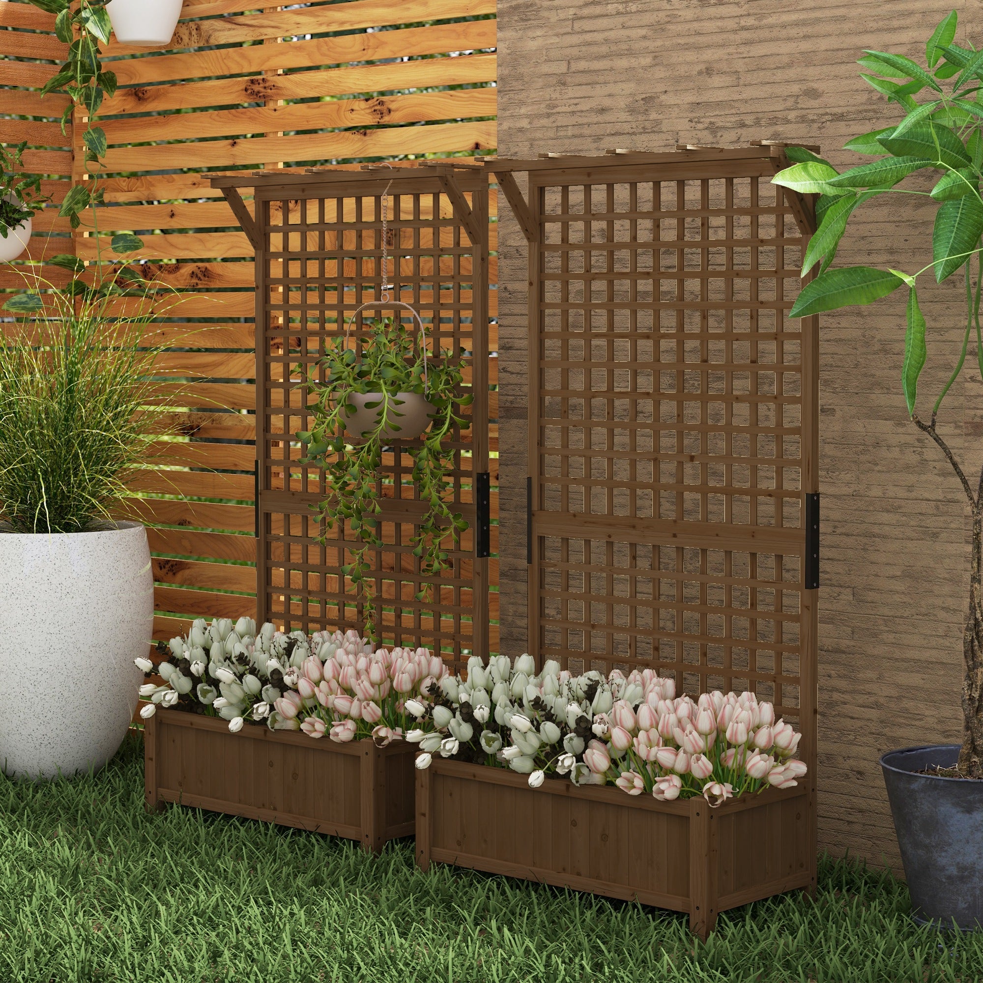 2 Pcs Raised Bed with Drainage Holes, Wood Planter with Trellis for Climbing Plants to Grow Vegetables, Flowers, Brown