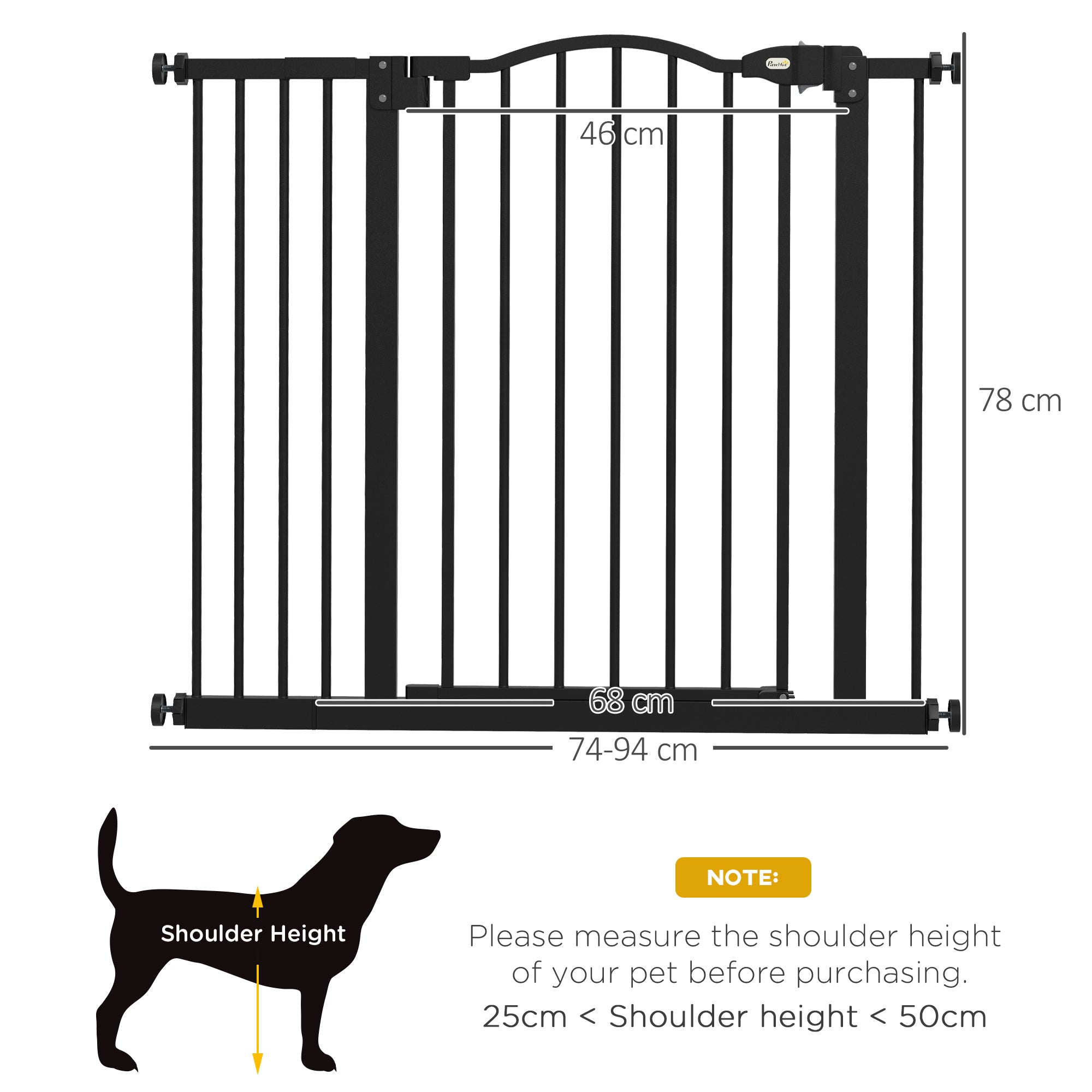 Metal 74-94cm Adjustable Pet Gate Safety Barrier w/ Auto-Close Door Black