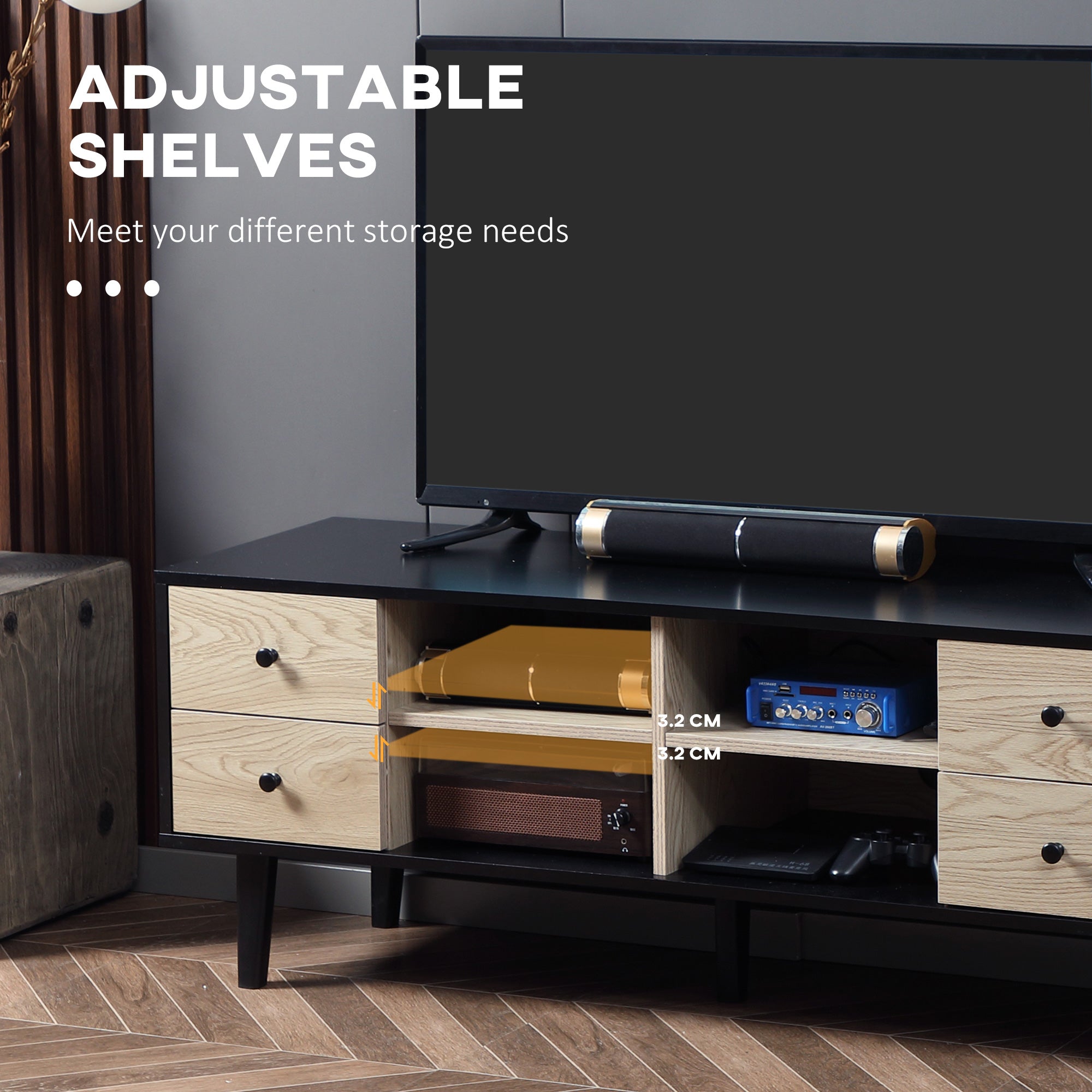 TV Unit Cabinet for TVs up to 60 Inches, TV Stand with Drawers and Adjustable Shelves for Living Room, Grey
