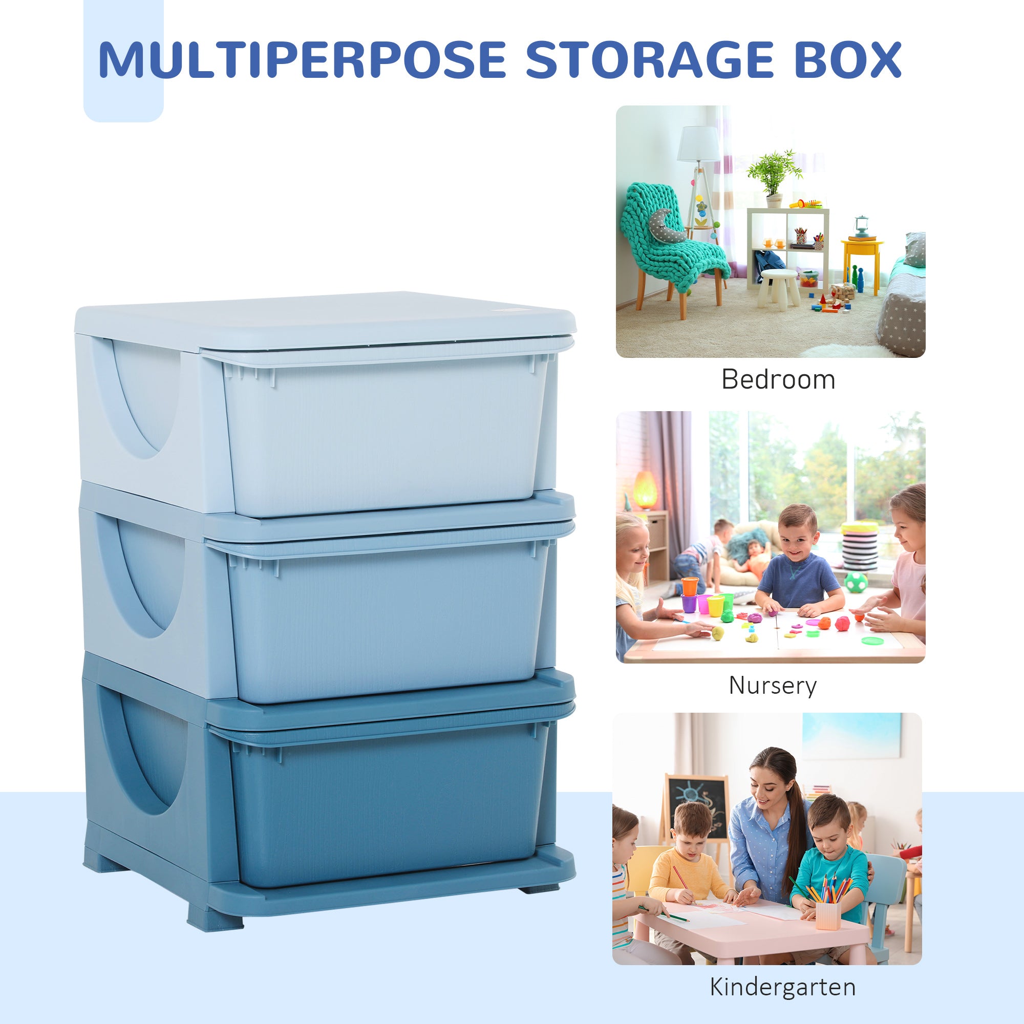 Kids Storage Units with Drawers 3 Tier Chest Vertical Dresser Tower Toy Organizer for Nursery Playroom Kindergarten Blue