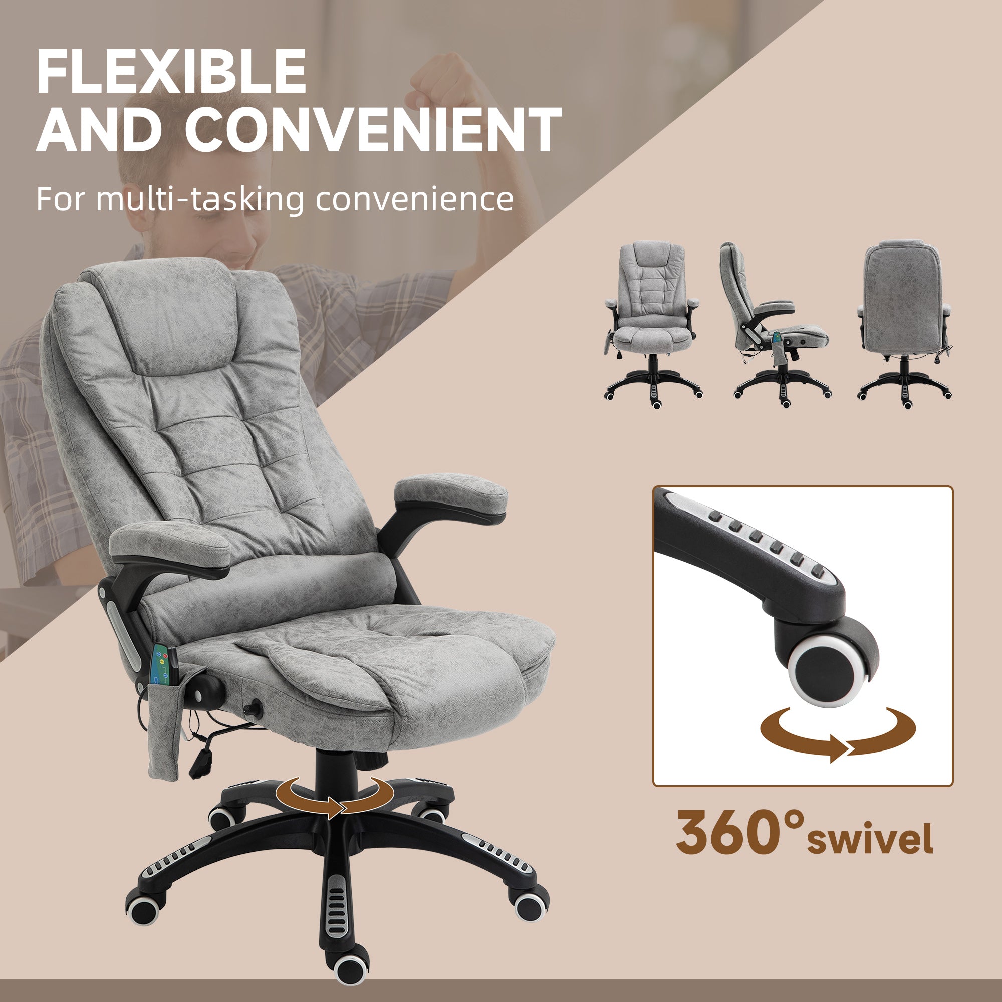 Massage Recliner Chair Heated Office Chair with Six Massage Points Microfiber Cloth 360° Swivel Wheels Grey