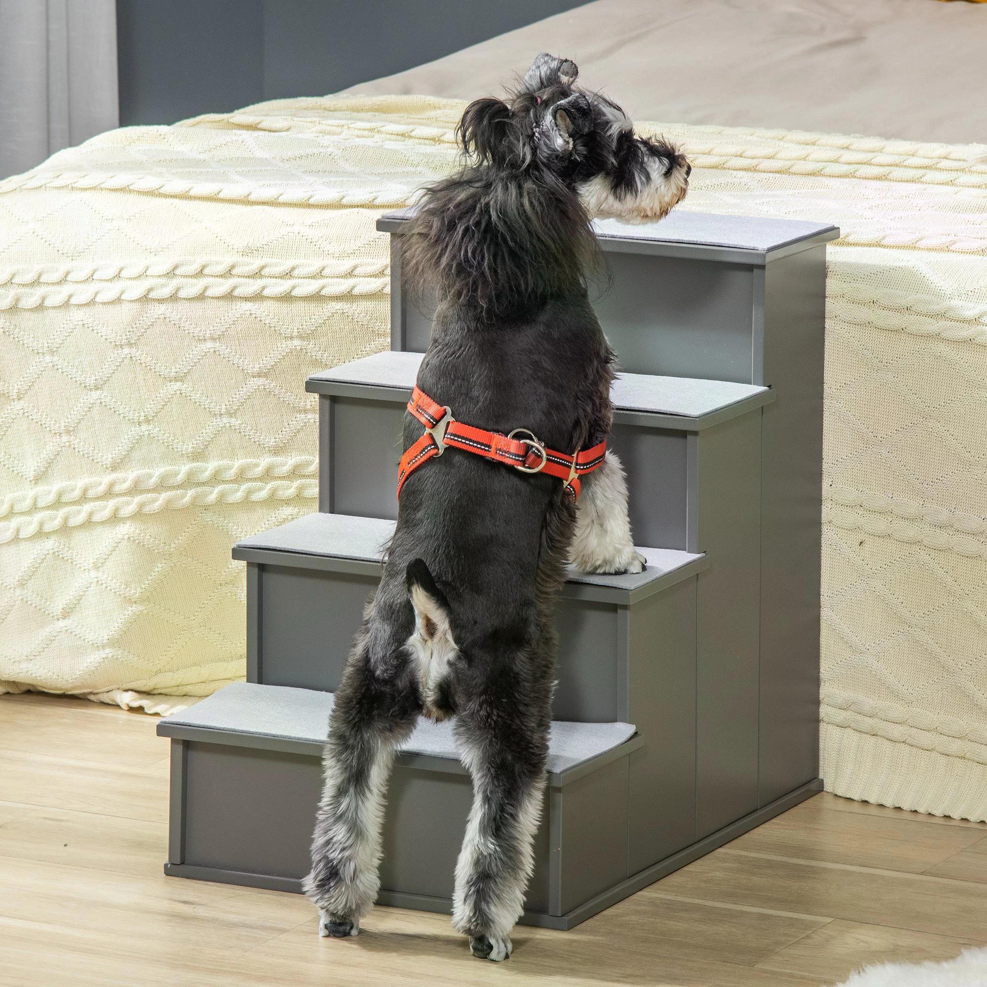 4 Step Wooden Cushioned Pet Stairs Ramp Steps for Dogs, Cat Ladder for Bed Couch with Non-Slip Carpet, 40 x 59 x 54.2 cm, Grey