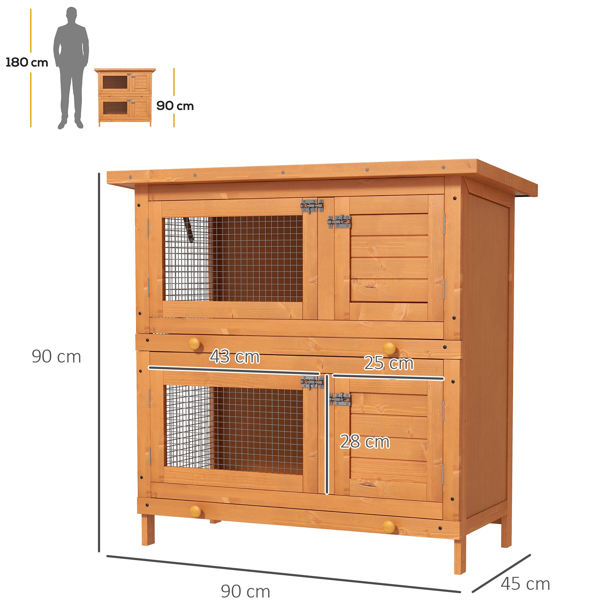 Wooden Rabbit Hutch 2 Tiers Bunny House Rabbit Cage w/ Slide-Out Tray and Hinged Opening Roof Small Animal House for Indoor