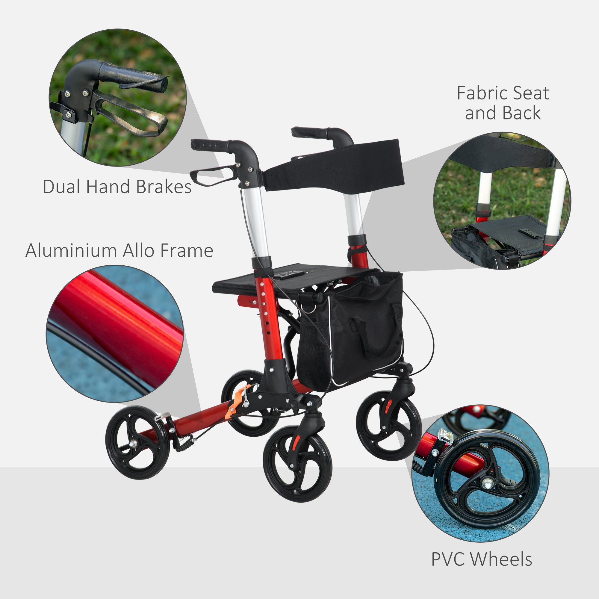 Folding Rollator Walker w/ Seat & Backrest, Lightweight Walking Frame w/ Adjustable Handle Height, 4 Wheeled Walker, Red