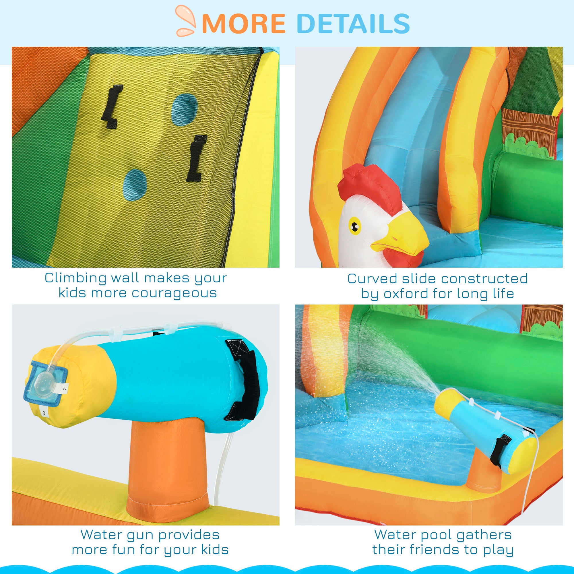 5 in 1 Kids Bounce Castle Farm Style Inflatable House with Slide Trampoline Pool Water Cannon Climbing Wall Inflator Carry bag for Ages 3-8