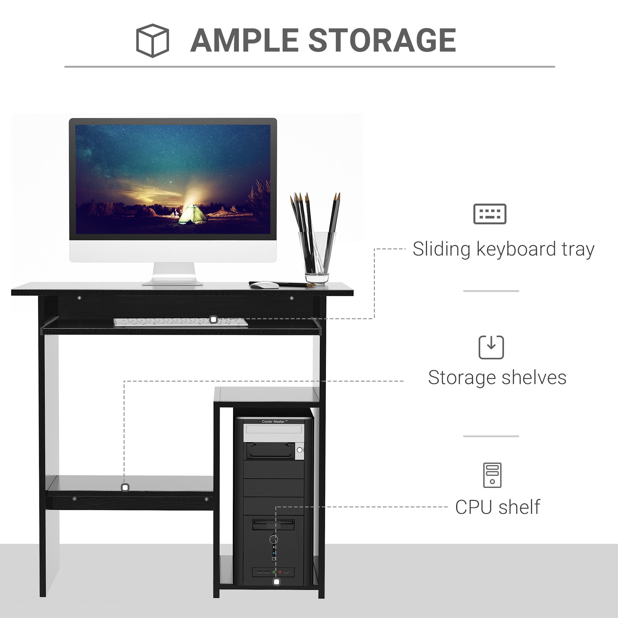 Compact Small Computer PC Table Wooden Desk Keyboard Tray Storage Shelf Modern Corner Table Home Office Gaming and Study Black