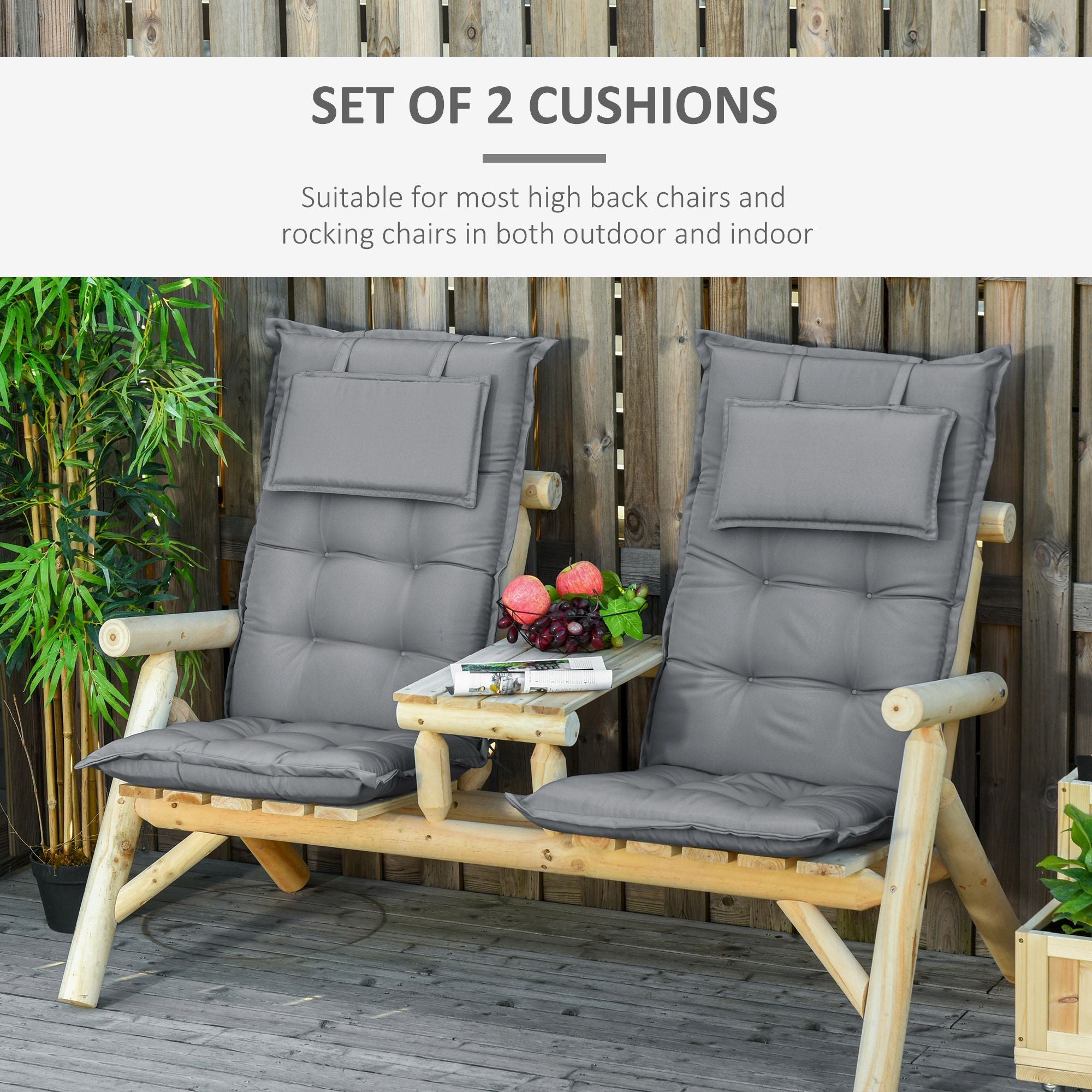 Set of 2 Outdoor Chair Cushions, High Back Padded Patio Chair with Pillow for Indoor and Outdoor Use,20L x 50W x 9D cm Dark Grey