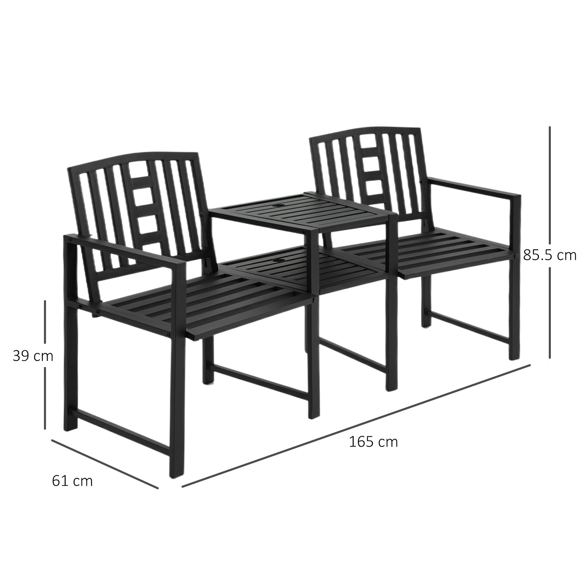 Patio Tete-a-tete Chair 2 Seat Bench Middle Coffee Table w/ Umbrella Hole for Outdoors Decorative Slatted Design Steel Frame Black