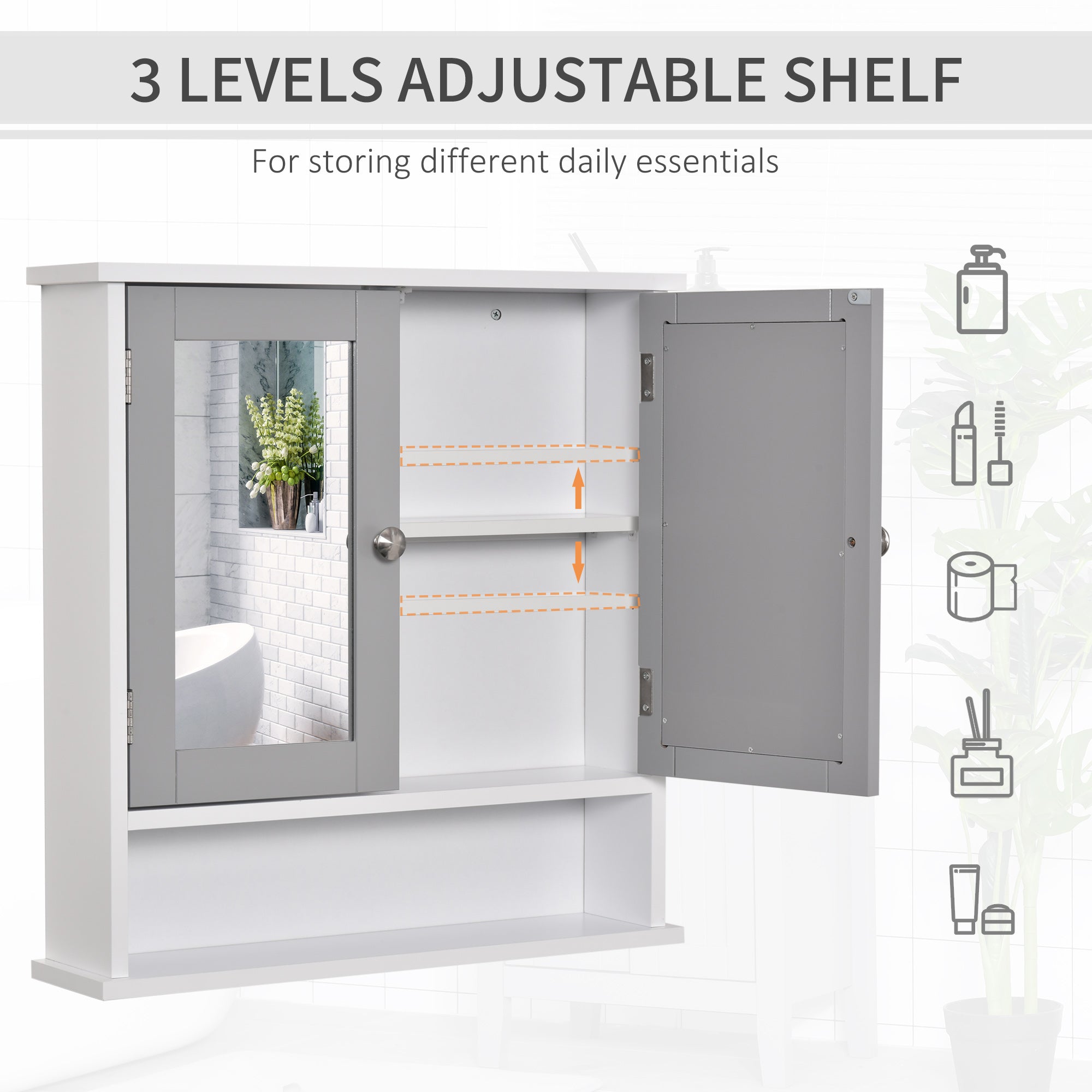 Bathroom Mirror Cabinet, Wall Mounted with Double Mirrored Doors, Organiser Wall Mounted, Cupboard and Shelf, Grey