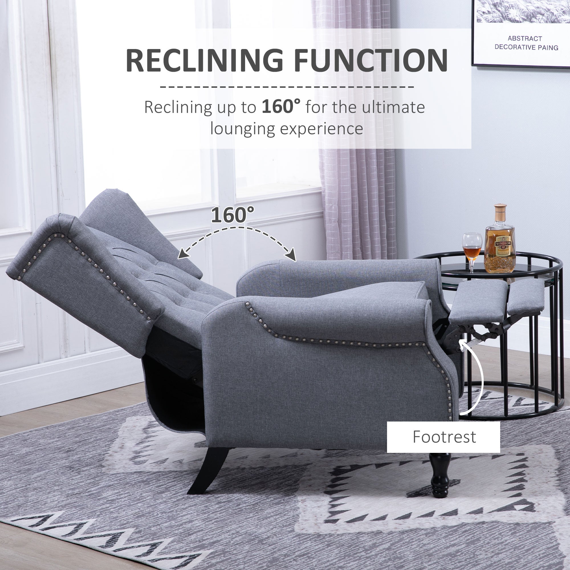 Recliner Armchair for Living Room, Reclining Chair, Wingback Chair with Button Tufted Back and Footrest, Light Grey