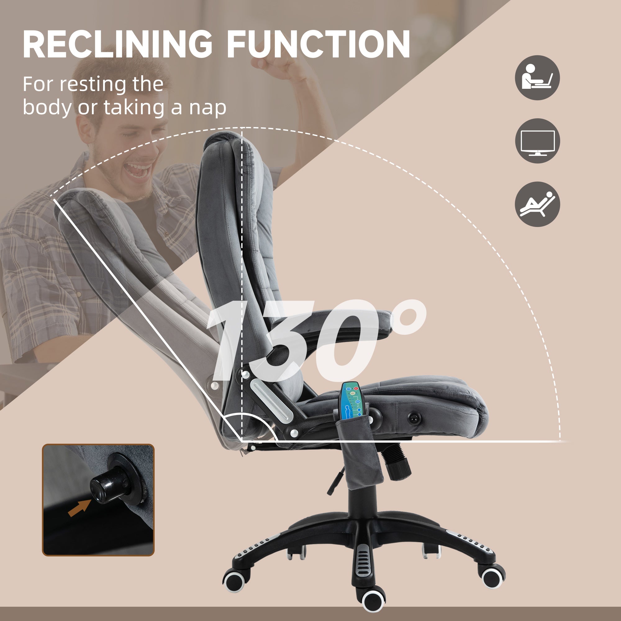 Heated Massage Office Chair with Six Massage Points, Reclining Office Chair with Velvet-Feel Fabric 360° Swivel Wheels, Grey