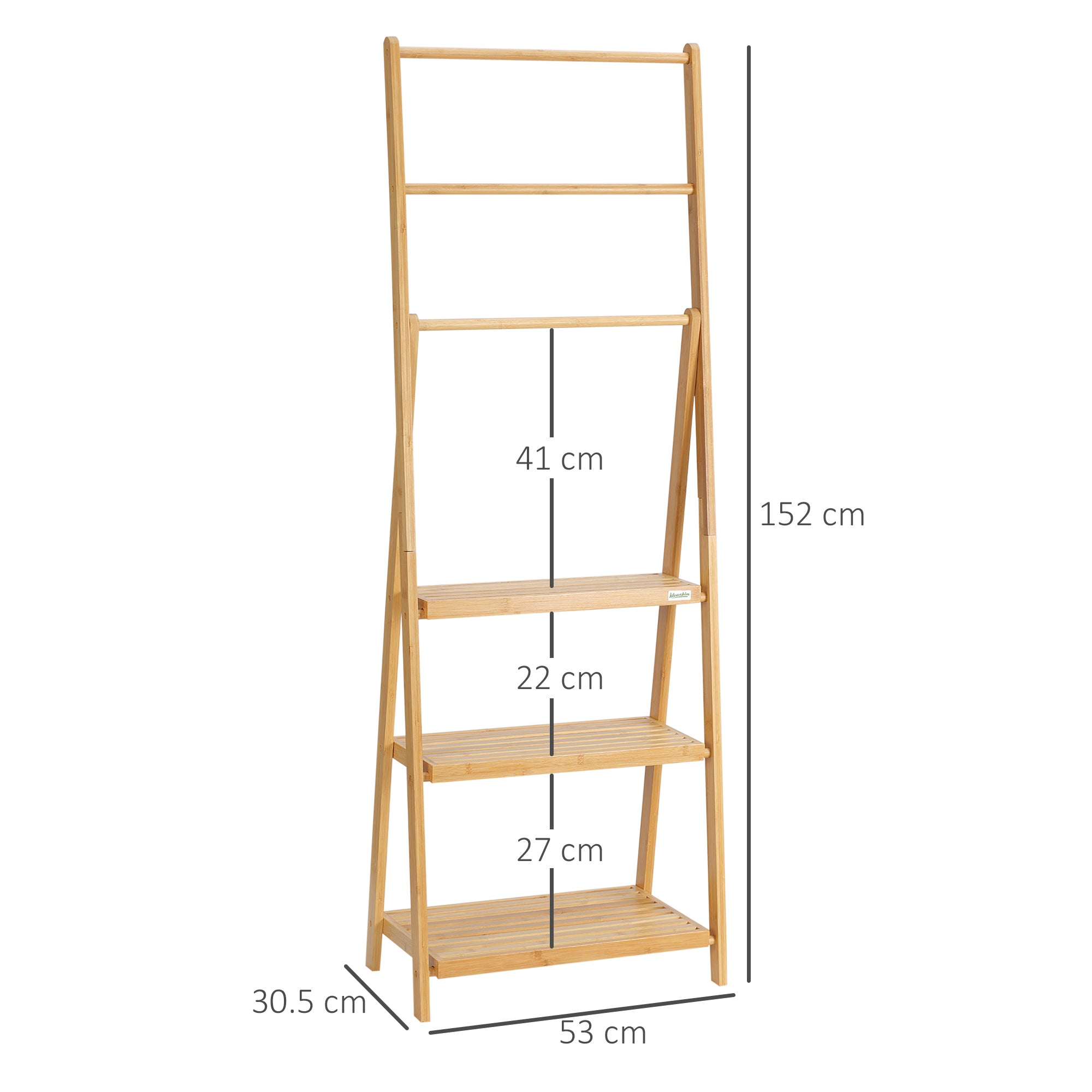 Freestanding Natural Bamboo Towel Rack with 3 Towel Rails and 3 Storage Shelves, Space-Saving Foldable Towel Holder for Bathroom