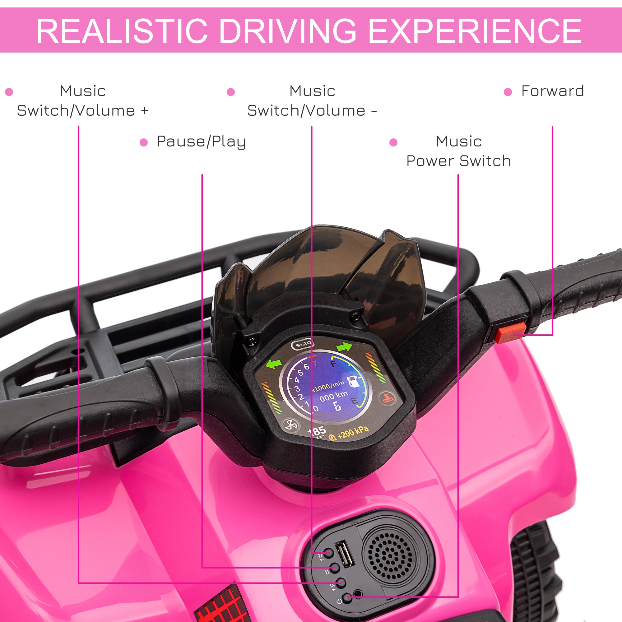 Kids Ride-on Four Wheeler ATV Car with Real Working Headlights, 6V Battery Powered Motorcycle for 18-36 Months, Pink