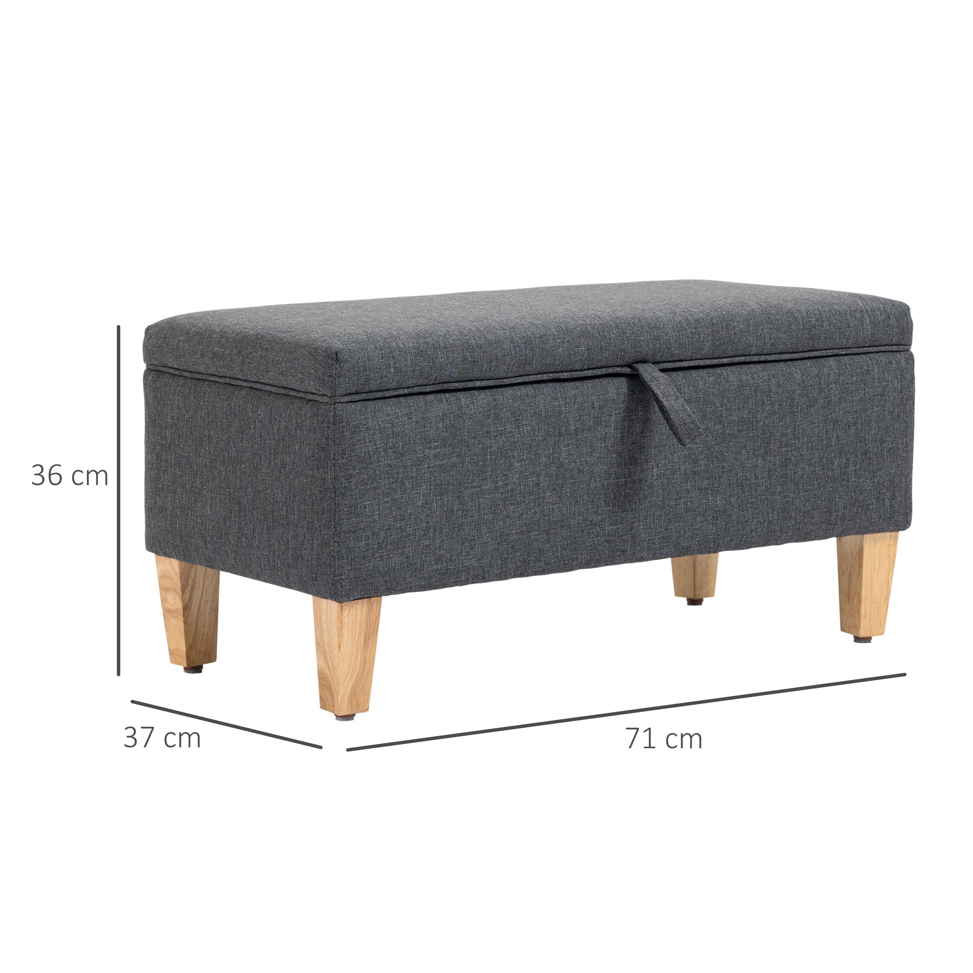 Linen Storage Ottoman Padded Footstool with Rubberwood Legs - Dark Grey