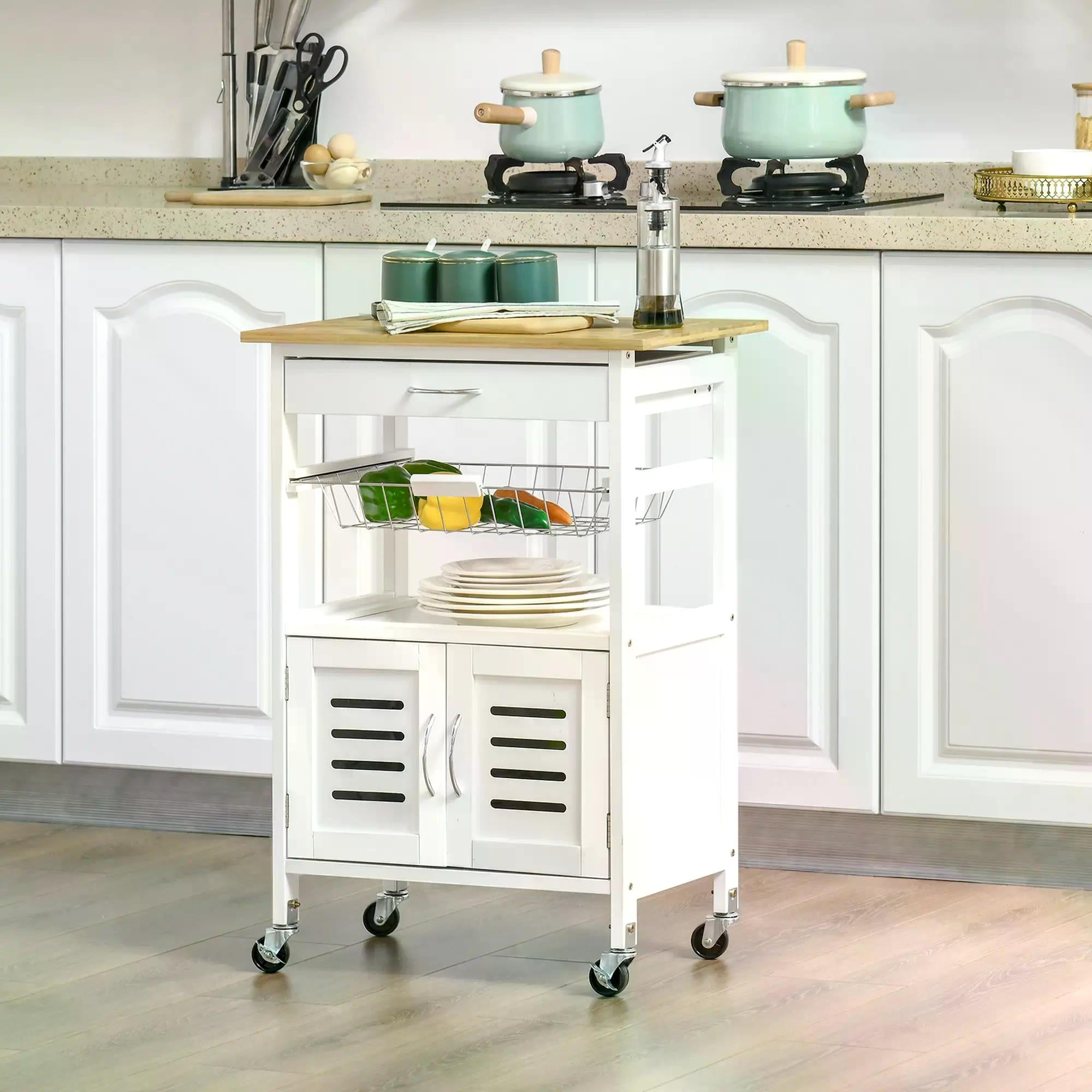 Rolling Kitchen Island Trolley Utility Cart on Wheels with Bamboo Table Top, Storage Cabinet, Drawer and Wire Basket - White
