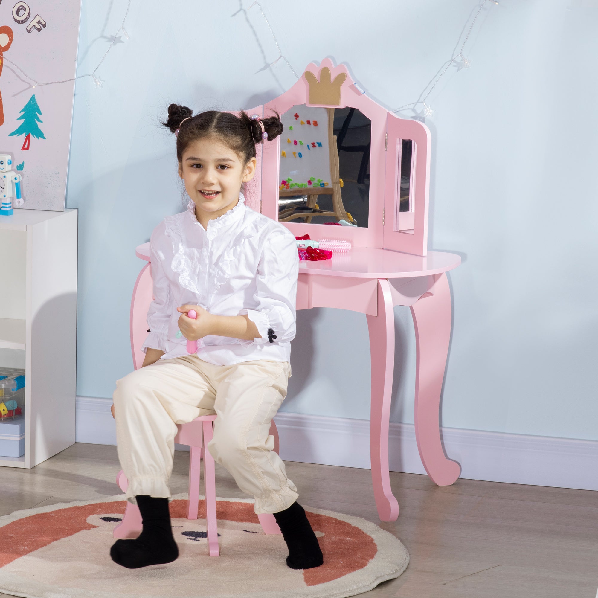 Kids Dressing Table with Mirror and Stool, Kids Vanity Set, Girl Makeup Desk with Rotatable Mirrors and Drawer, Pink