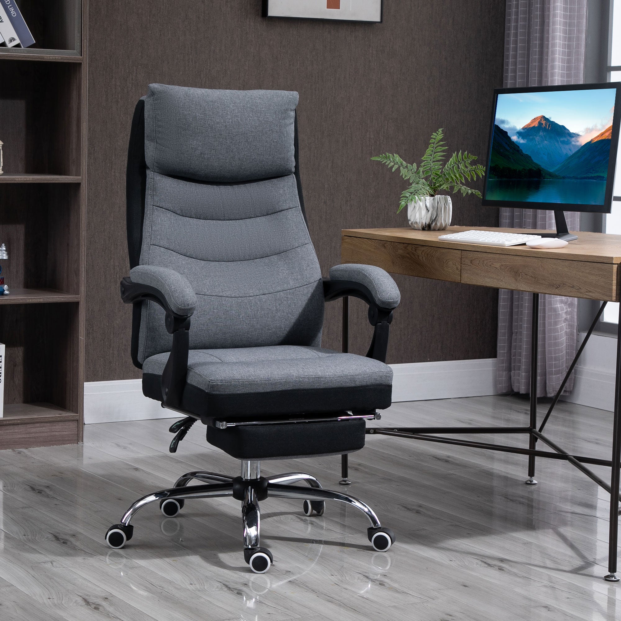 High Back Executive Office Chair, Reclining Computer Chair with Adjustable Height, Swivel Wheels and Retractable Footrest, Grey