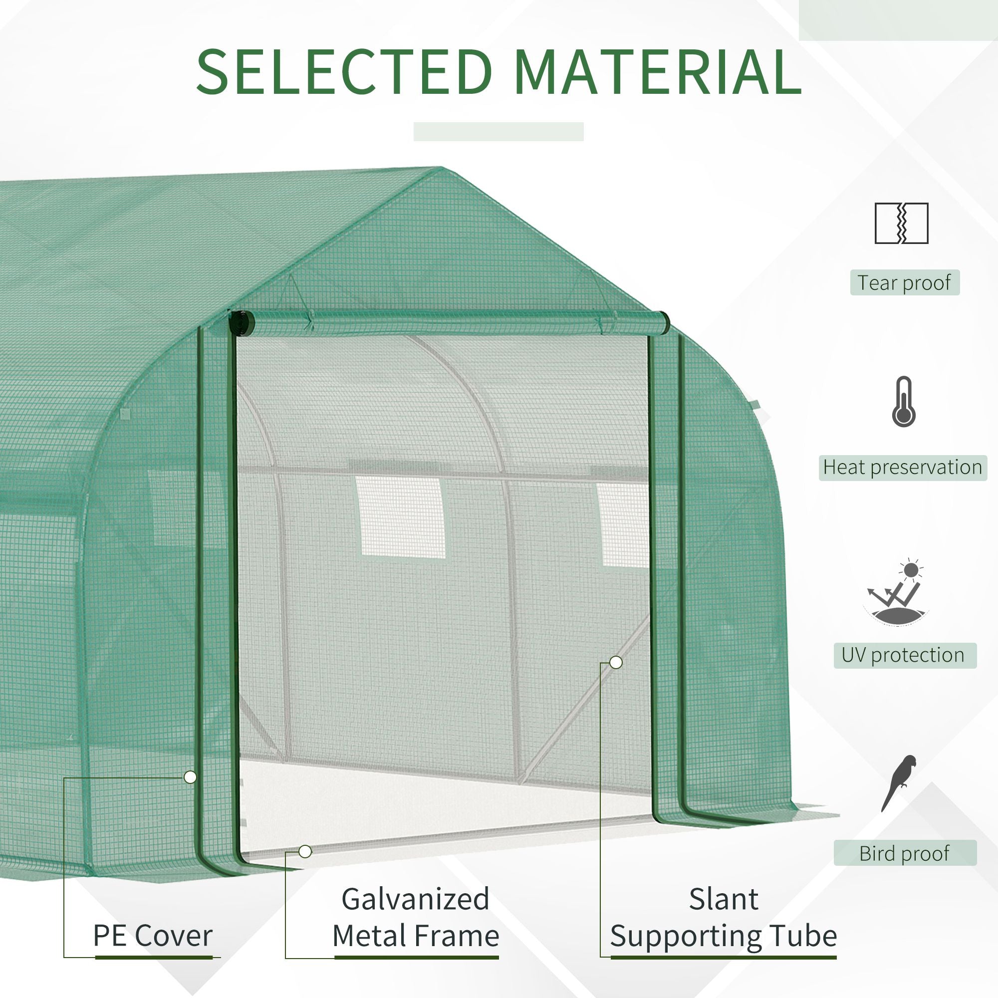 Walk-in Polytunnel Garden Greenhouse, Outdoor Greenhouse with PE Cover, Zippered Roll Up Door and 6 Windows, 3.5 x 3 x 2m, Green