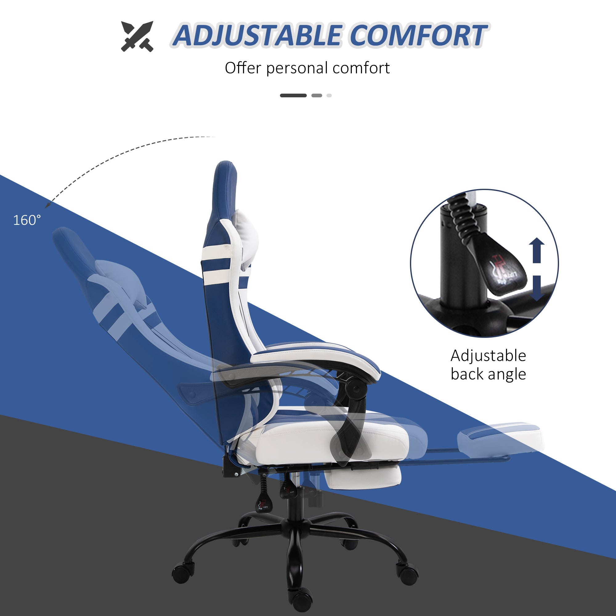 PU Leather Gaming Chair w/ Headrest, Footrest, Wheels, Adjustable Height, Racing Gamer Recliner, Blue White