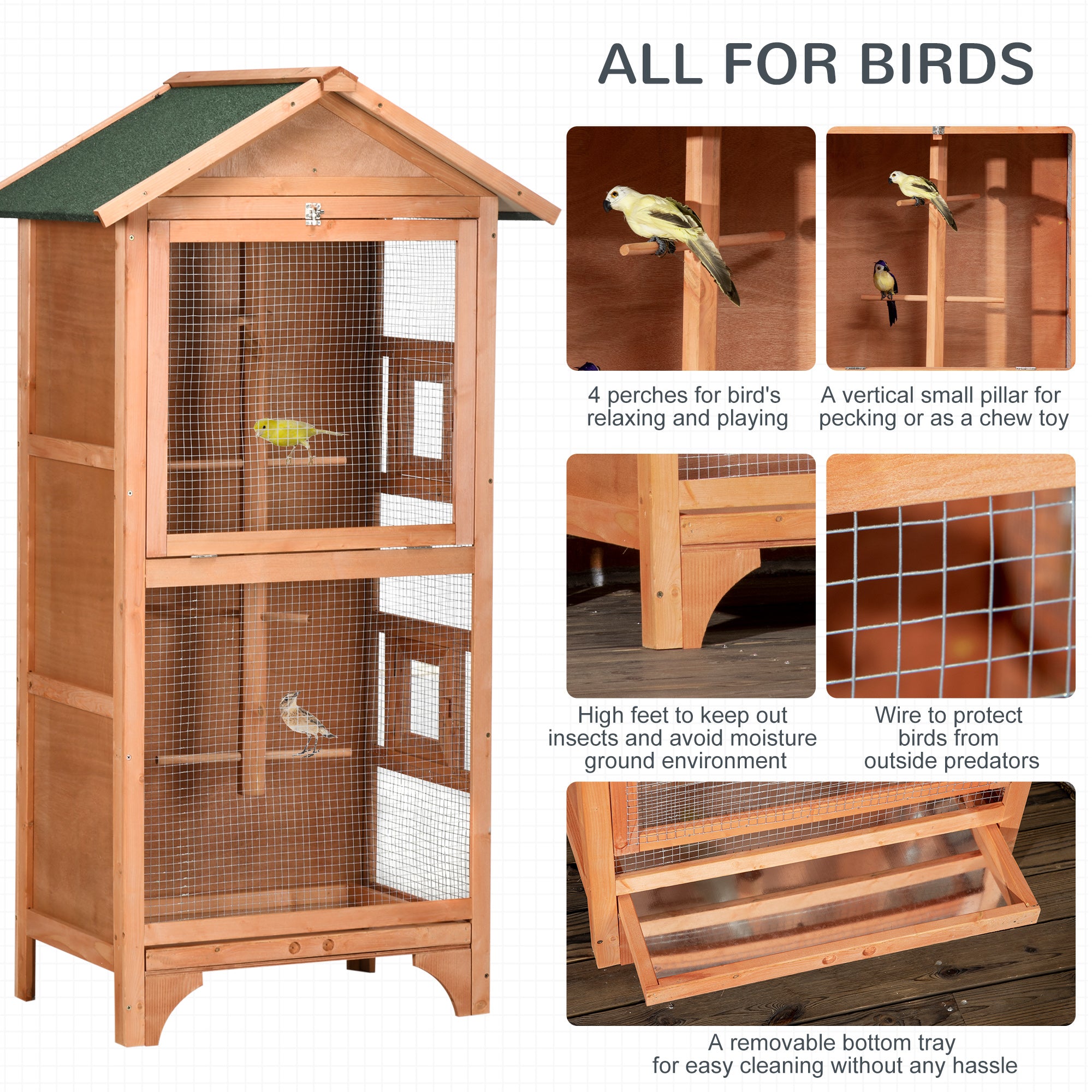 Wooden Outdoor Bird Cage, for Finches and Canaries, with Removable Tray, Asphalt Roof