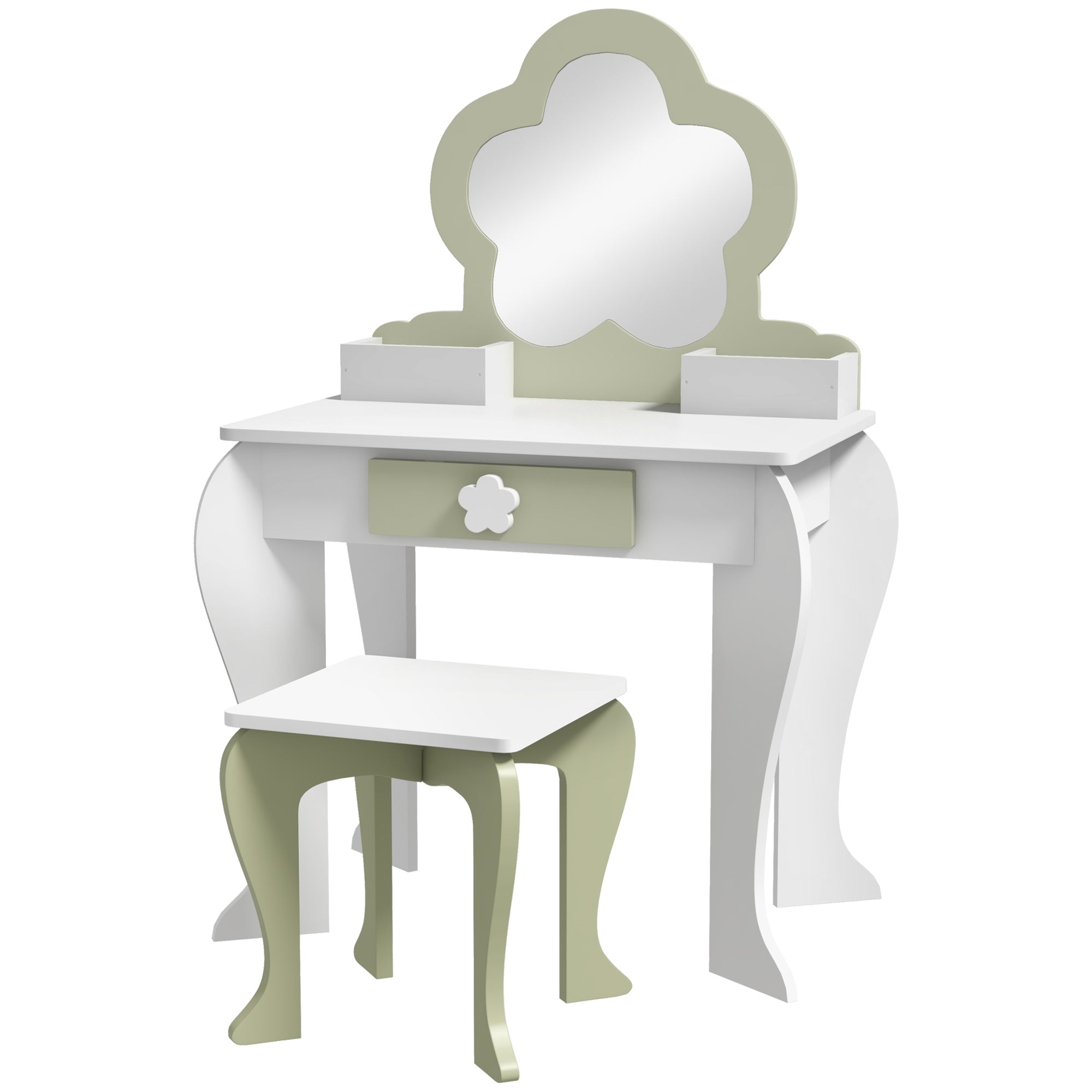 Kids Vanity Table with Mirror and Stool, Drawer, Storage Boxes, Beauty Flower Design, for 3-6 Years Old, White