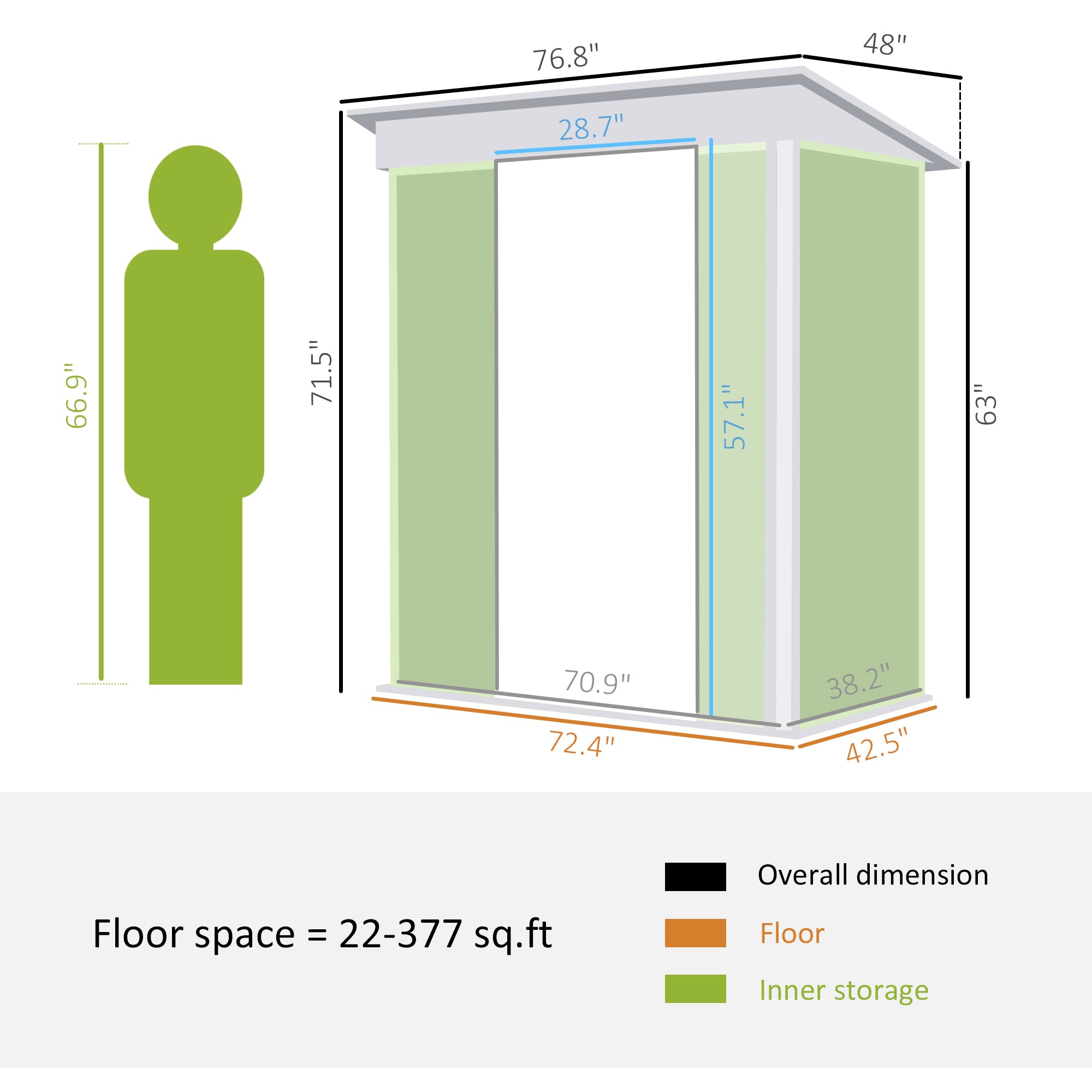 6.5 x 4FT Galvanised Metal Shed with Foundation, Lockable Tool Garden Shed with Double Sliding Doors and 2 Vents, Green