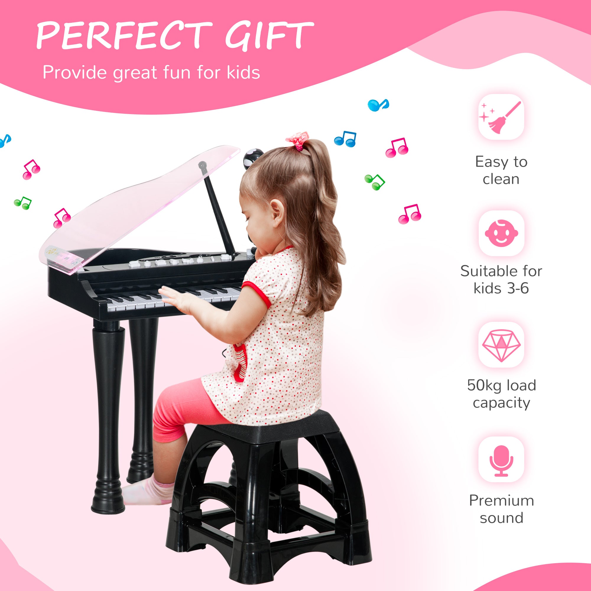 32-Key Kids Piano Keyboard, with Stool, Lights, Microphone, Sounds, Removable Legs - Black