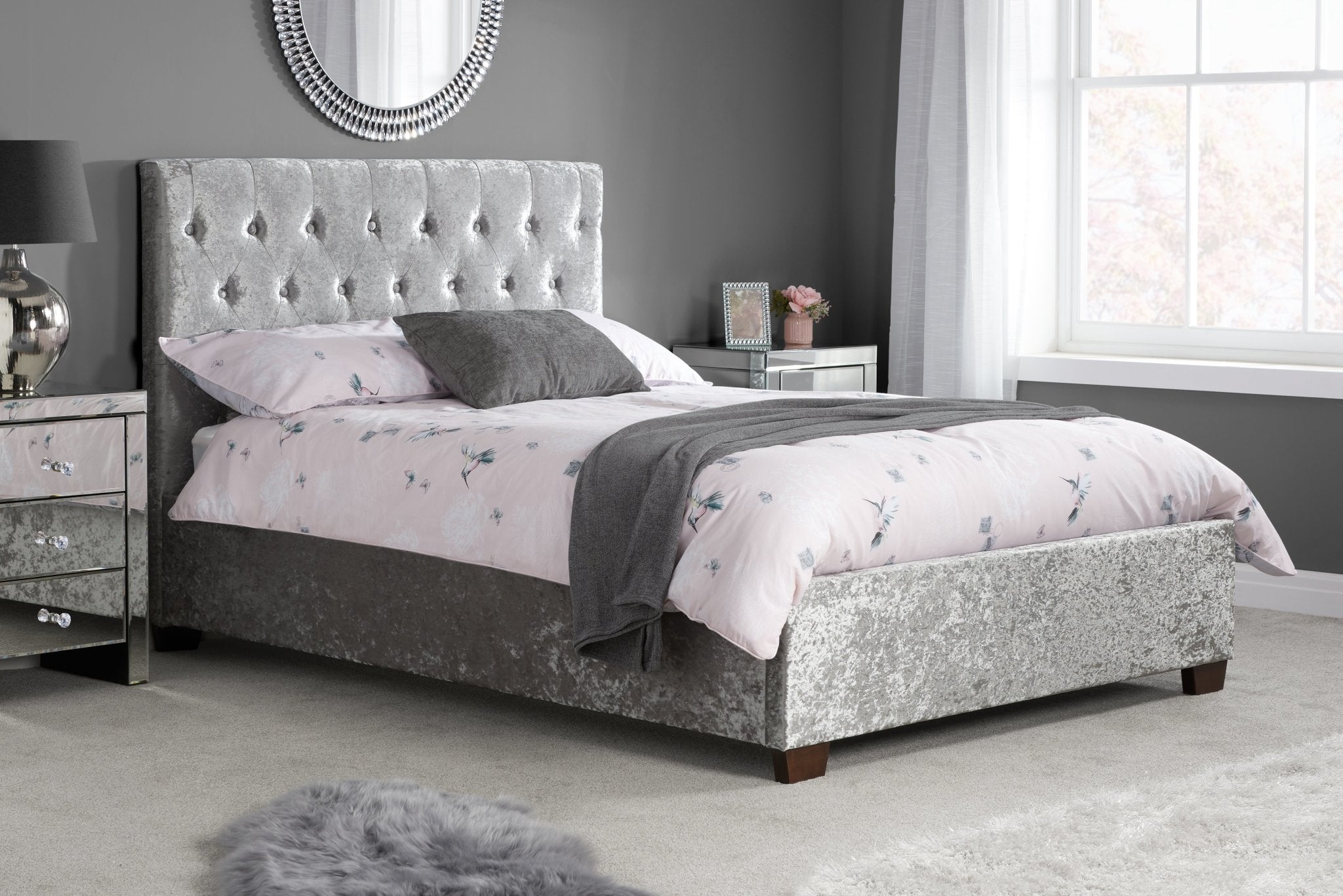 Cologne King Bed Steel Crushed Velvet - Bedzy UK modern and affordable home furniture England