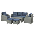 6pc Outdoor Rattan Wicker Furniture Set with 3-Seat Sofa, 2 Reclining Single Sofas, 2 Footstools & Coffee Table - Blue