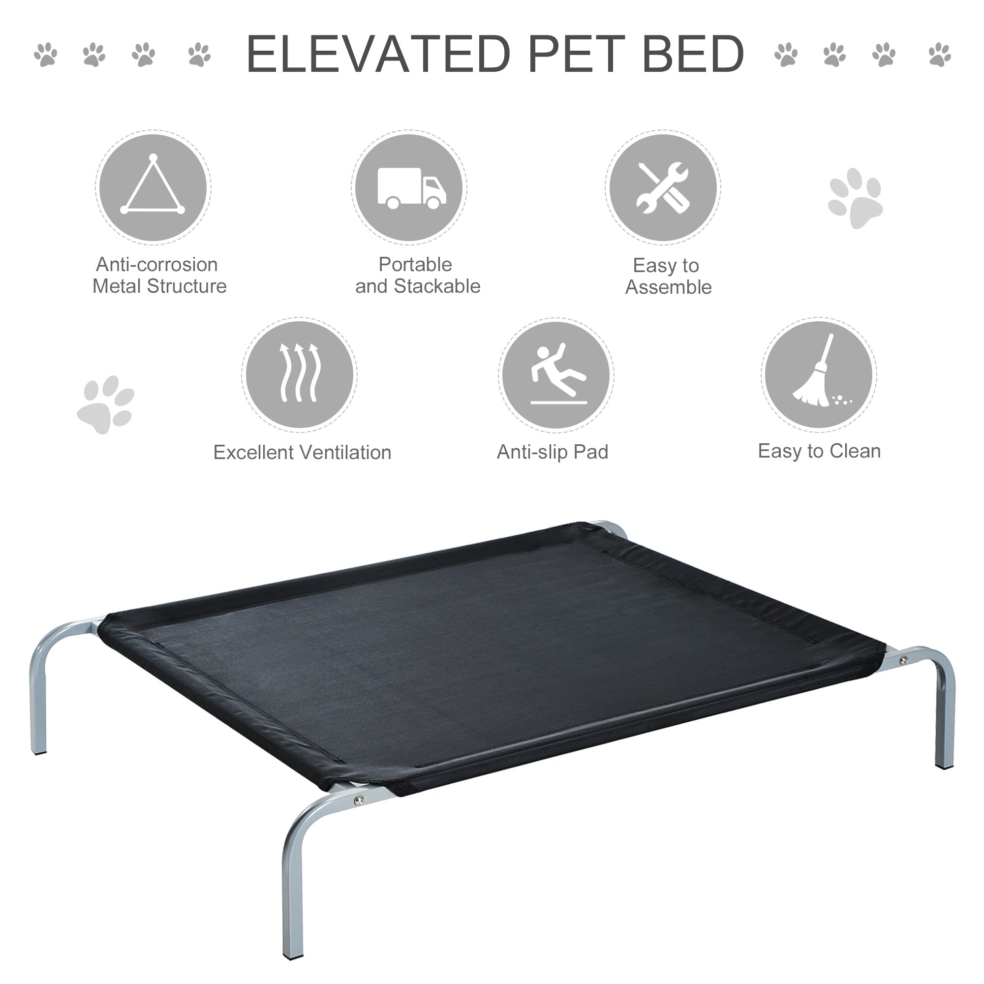 Elevated Pet Bed Portable Camping Raised Dog Bed w/ Metal Frame Black (Large)