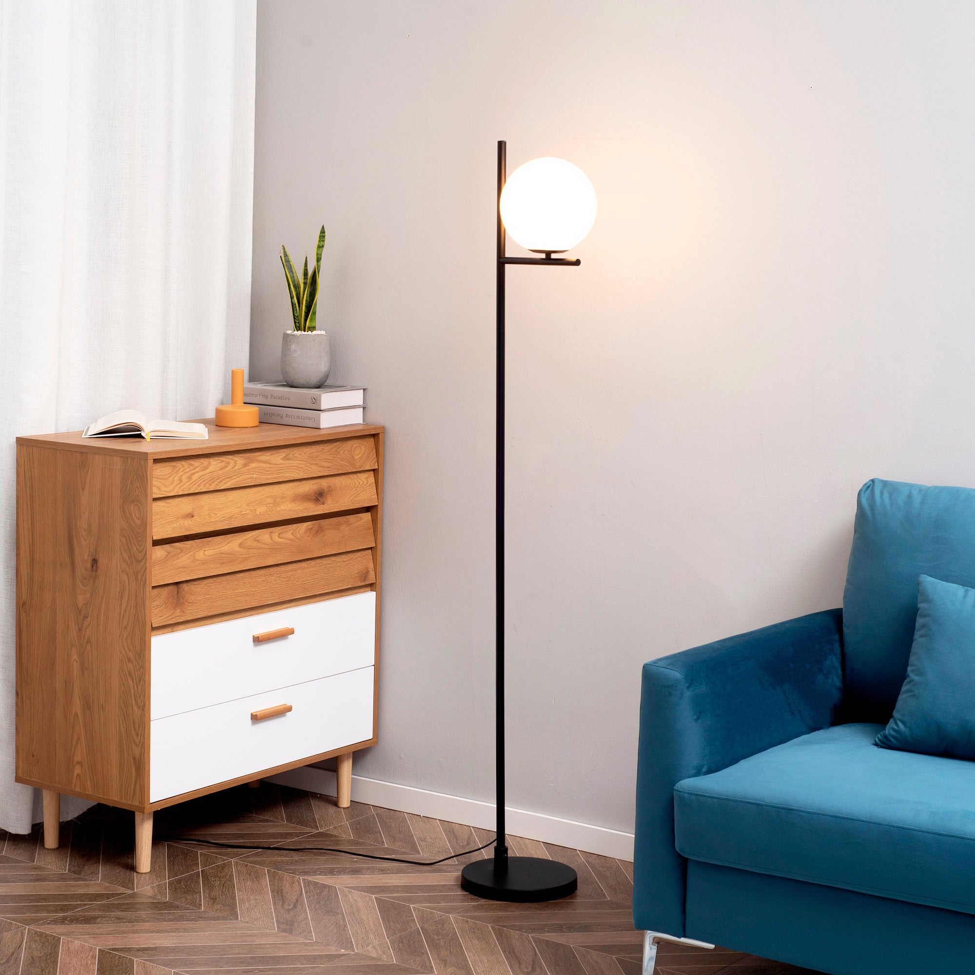 Modern Floor Lamp Metal Frame Sphere Light w/ Pedal Switch Unique Standing Beautiful Furnishing for Home Office Living Room, Black