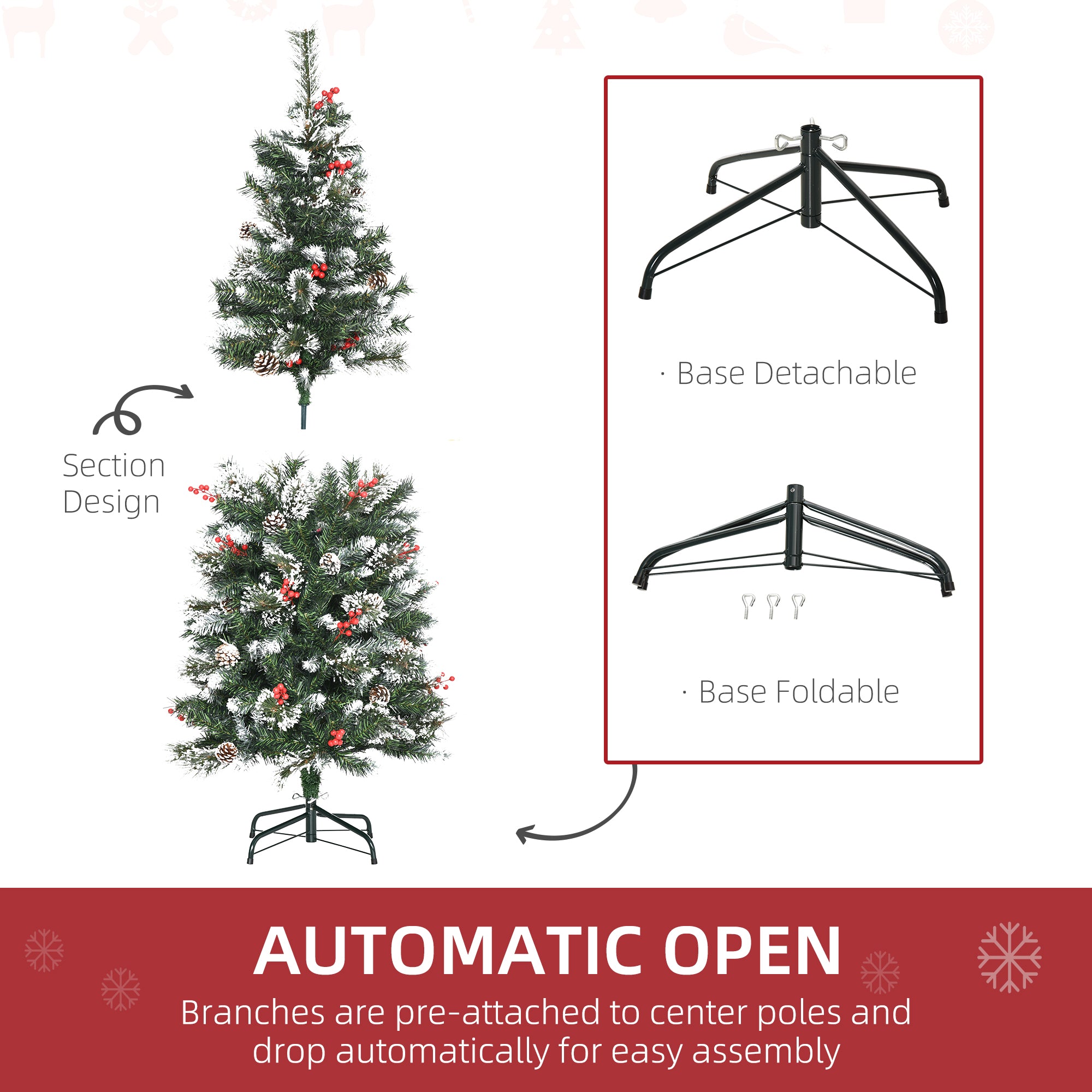 5 Foot Snow Dipped Artificial Christmas Tree Slim Pencil Xmas Tree with 402 Realistic Branches, Pine Cones, Red Berries, Auto Open, Green