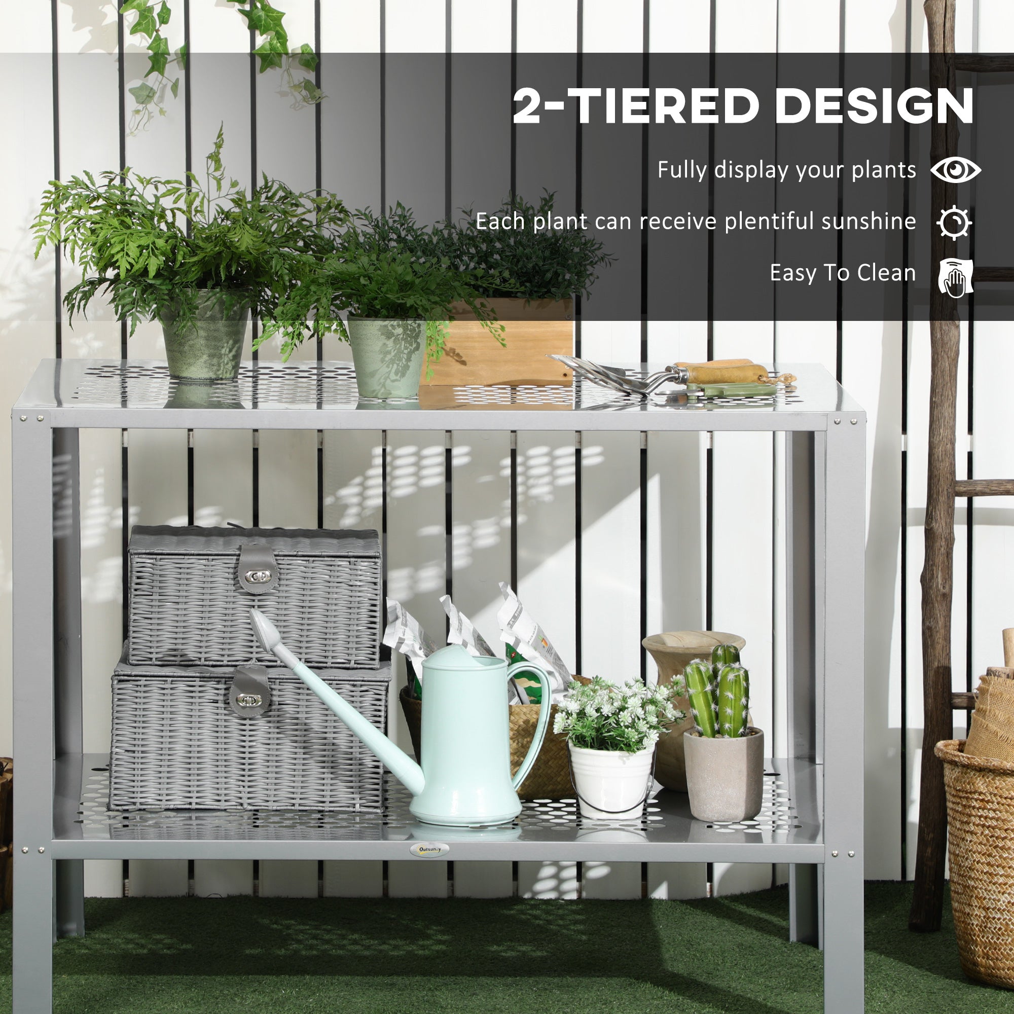 2 Tier Galvanised Steel Plant Stand with Mesh Shelves - Silver
