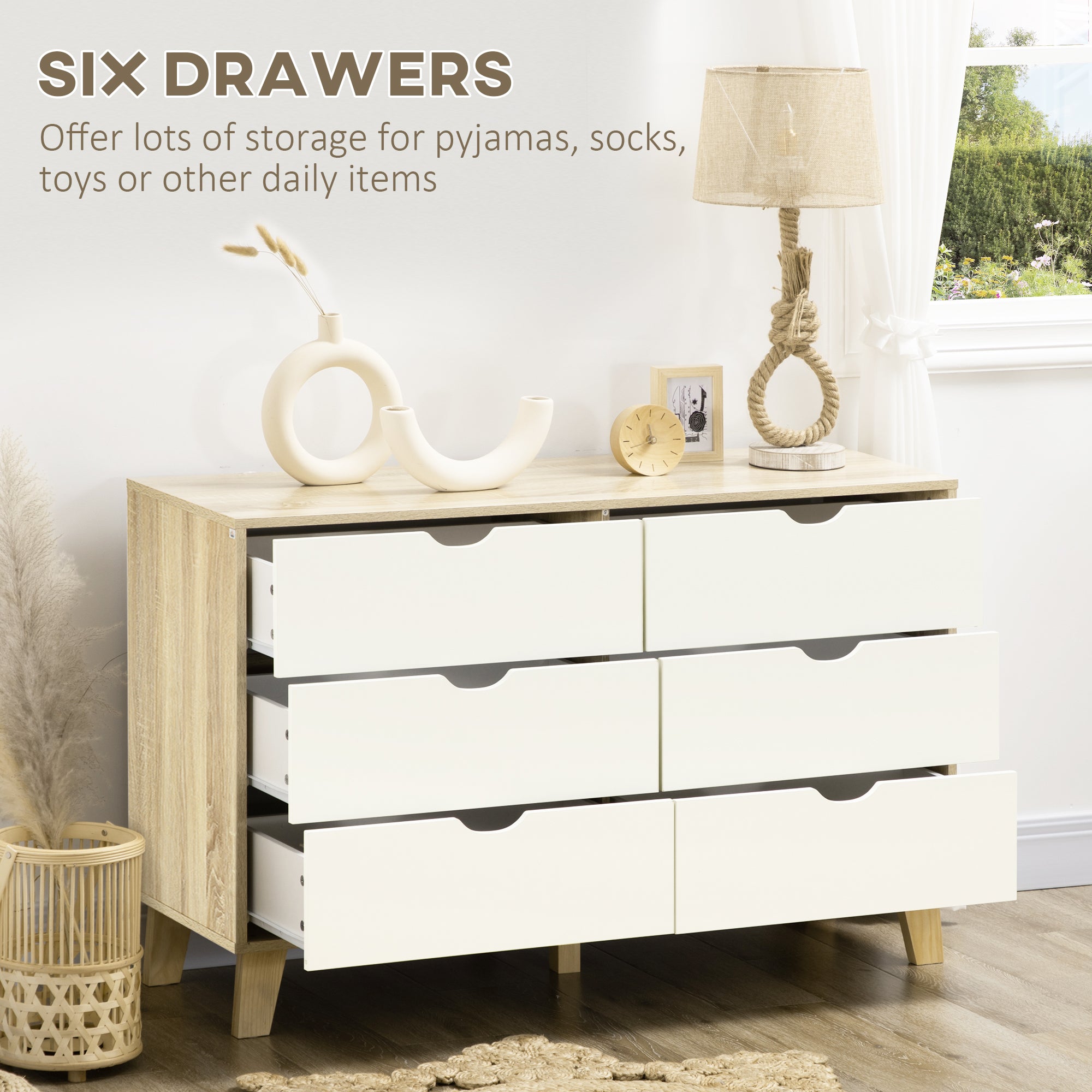 Wide Chest of Drawers, 6-Drawer Storage Organiser Unit with Wood Legs for Bedroom, Living Room, White and Light Brown