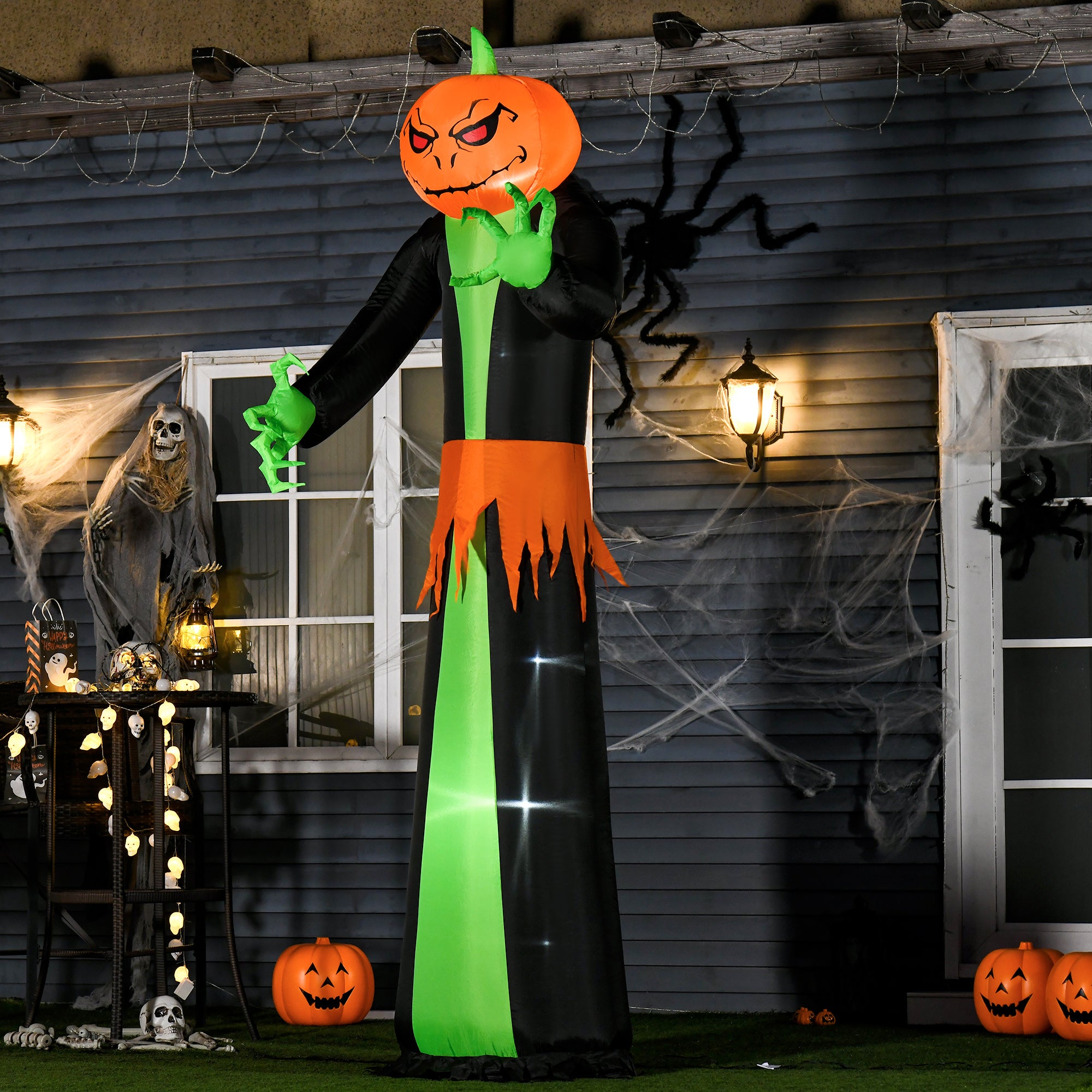 9FT Inflatable Halloween Pumpkin Ghost with Built-in LED Lights - Orange Green Black