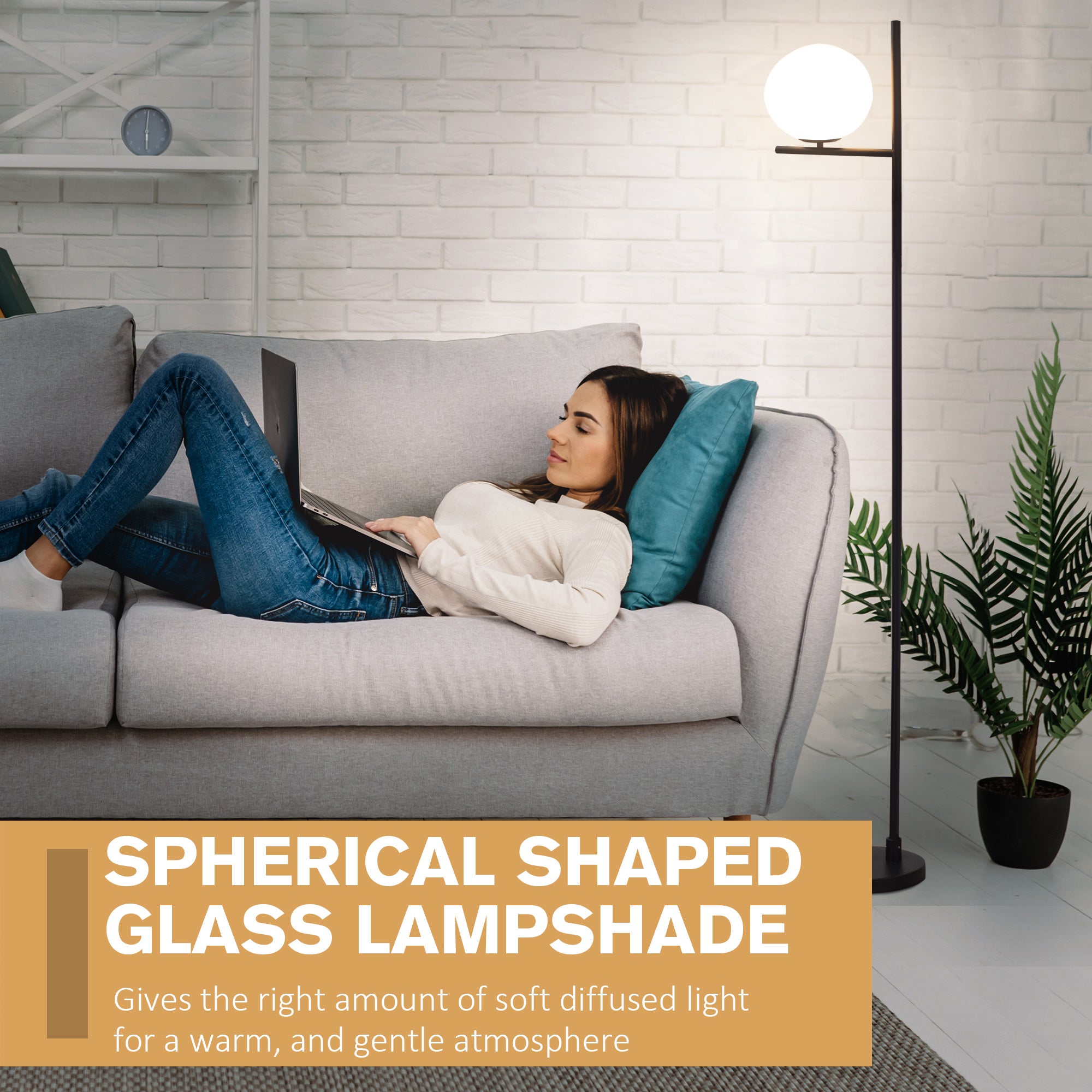 Modern Floor Lamp Metal Frame Sphere Light w/ Pedal Switch Unique Standing Beautiful Furnishing for Home Office Living Room, Black