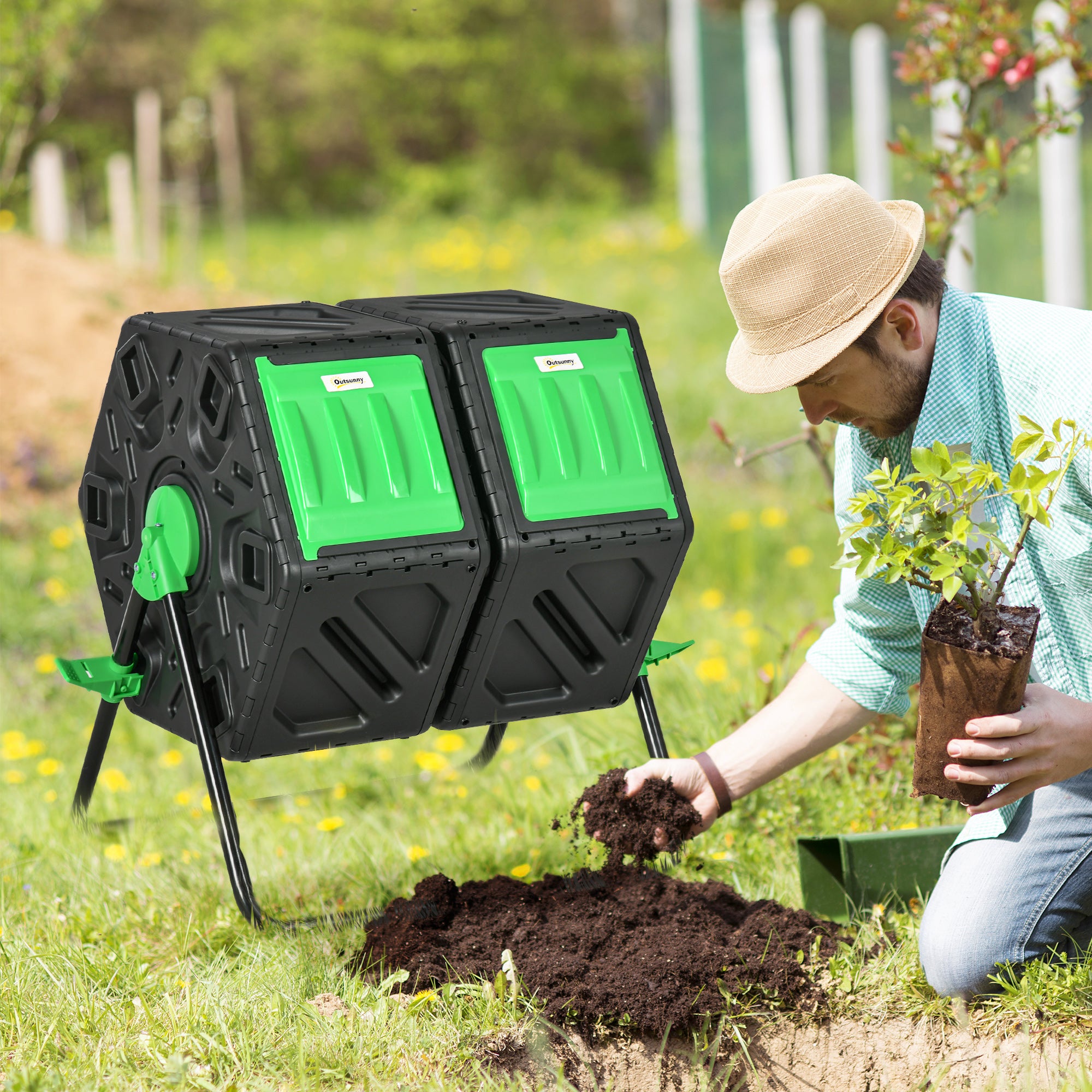 Dual Chamber Garden Compost Bin, 130L Rotating Composter, Compost Maker with Ventilation Openings and Steel Legs