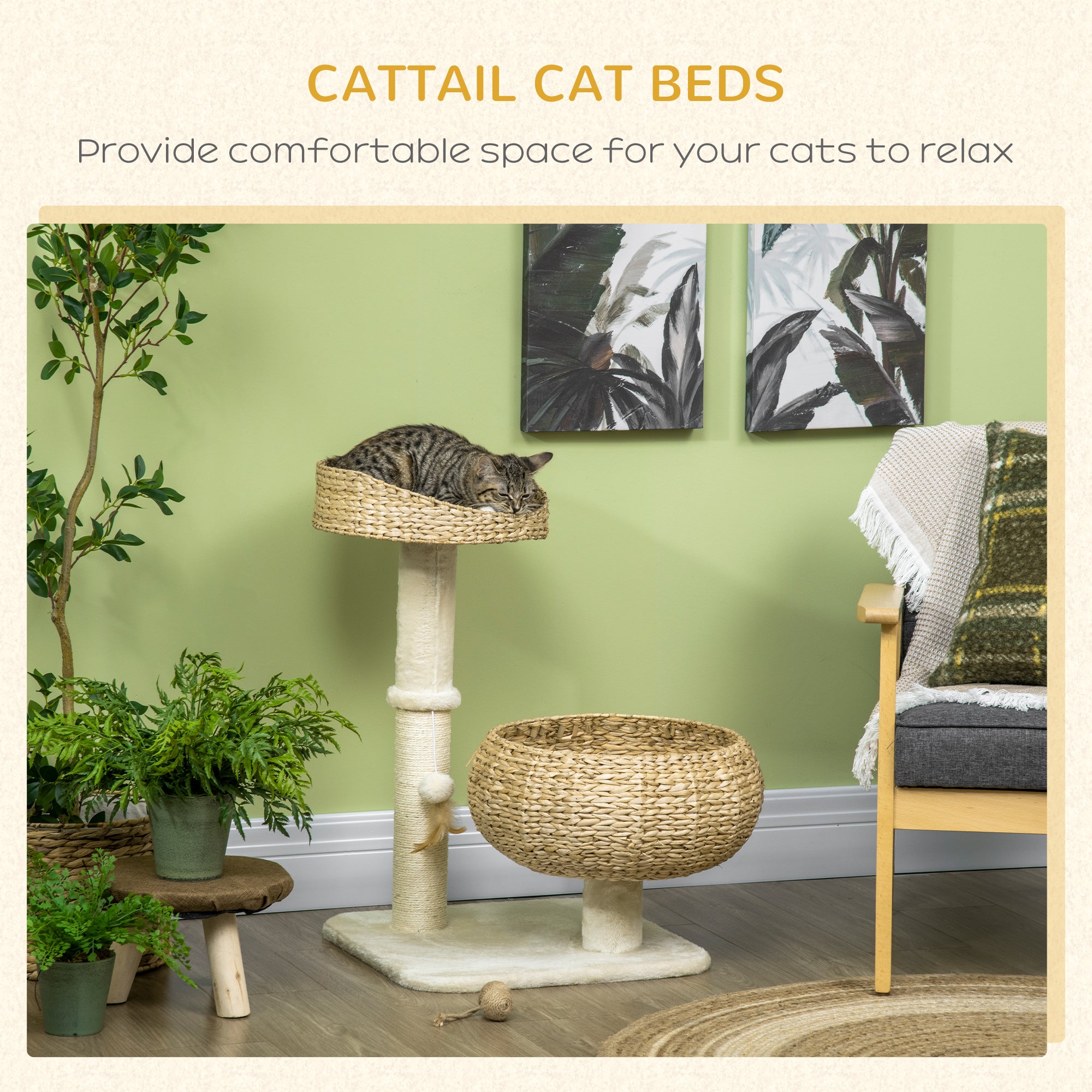 72cm Cat Tree, Kitty Activity Center, Cat Climbing Toy, Cat Tower with 2 Cattail Beds Ball Toy Sisal Scratching Post, Beige