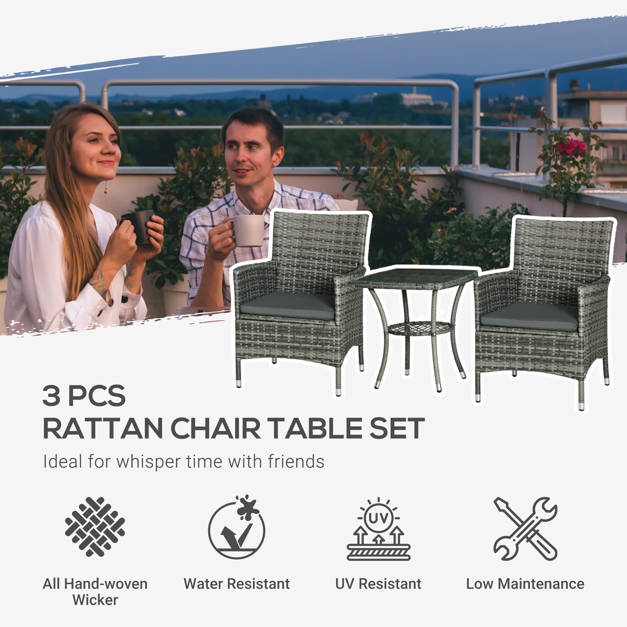 3 PCs Rattan Garden Bistro Set with Cushions Patio Weave Companion Chair Table Set Conservatory, Light Grey