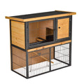 Wood-Metal Elevated Rabbit Hutch with Slide-Out Tray, Lockable Doors & Asphalt Roof - Light Yellow Black