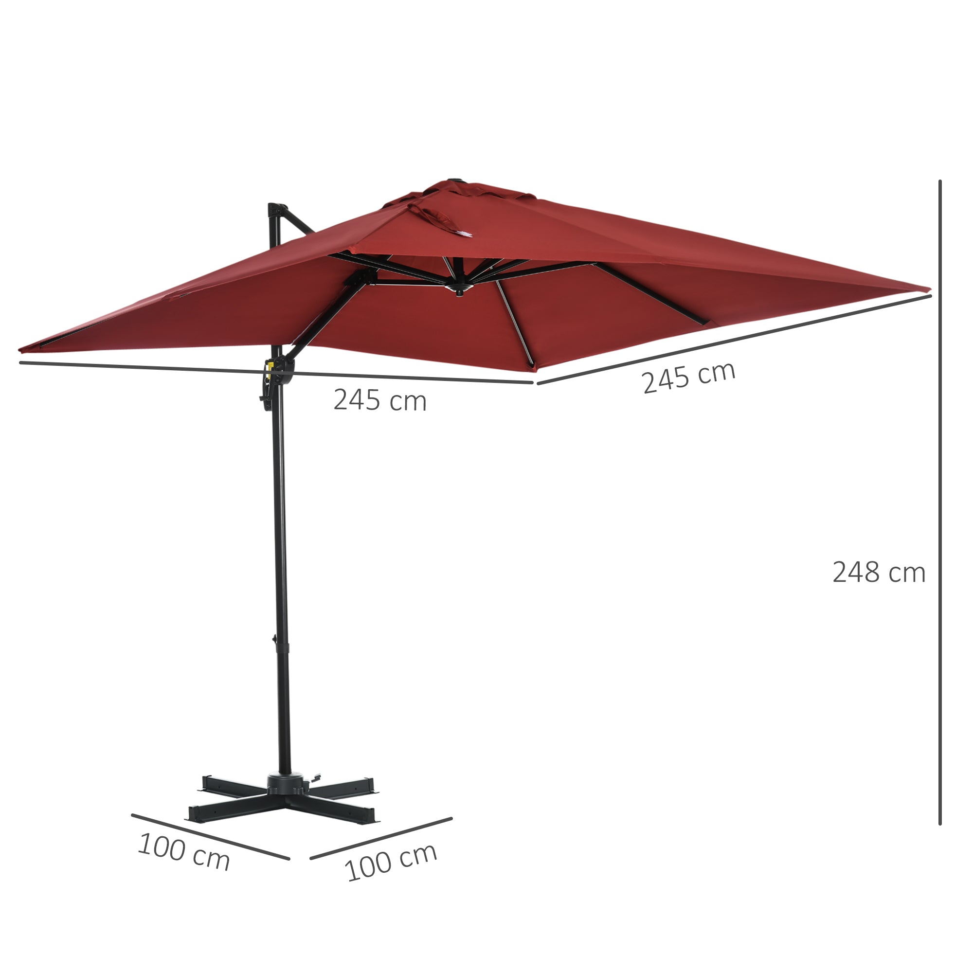 2.5x2.5m Cantilever Patio Parasol with Aluminium Pole and Cross Base Wine Red