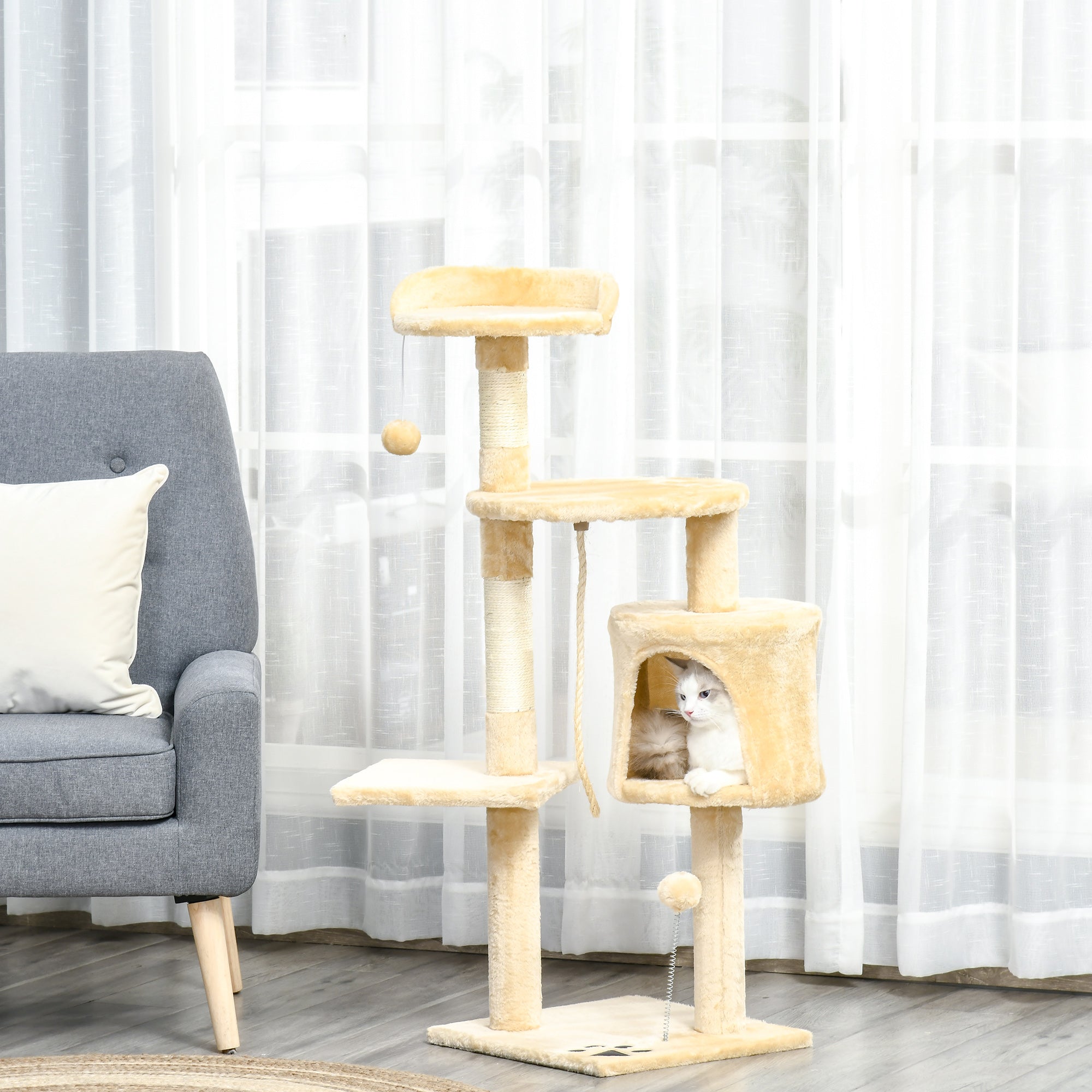 Cat Tree House, 114H cm-Beige