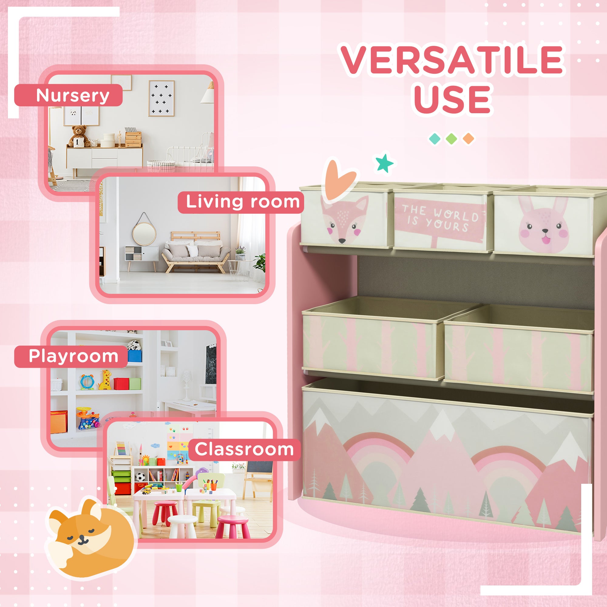 Kids Storage Units with 6 Fabric Bins, Childrens Toy Storage Organiser for Bedroom, Nursery, 63 x 30 x 66cm, Pink