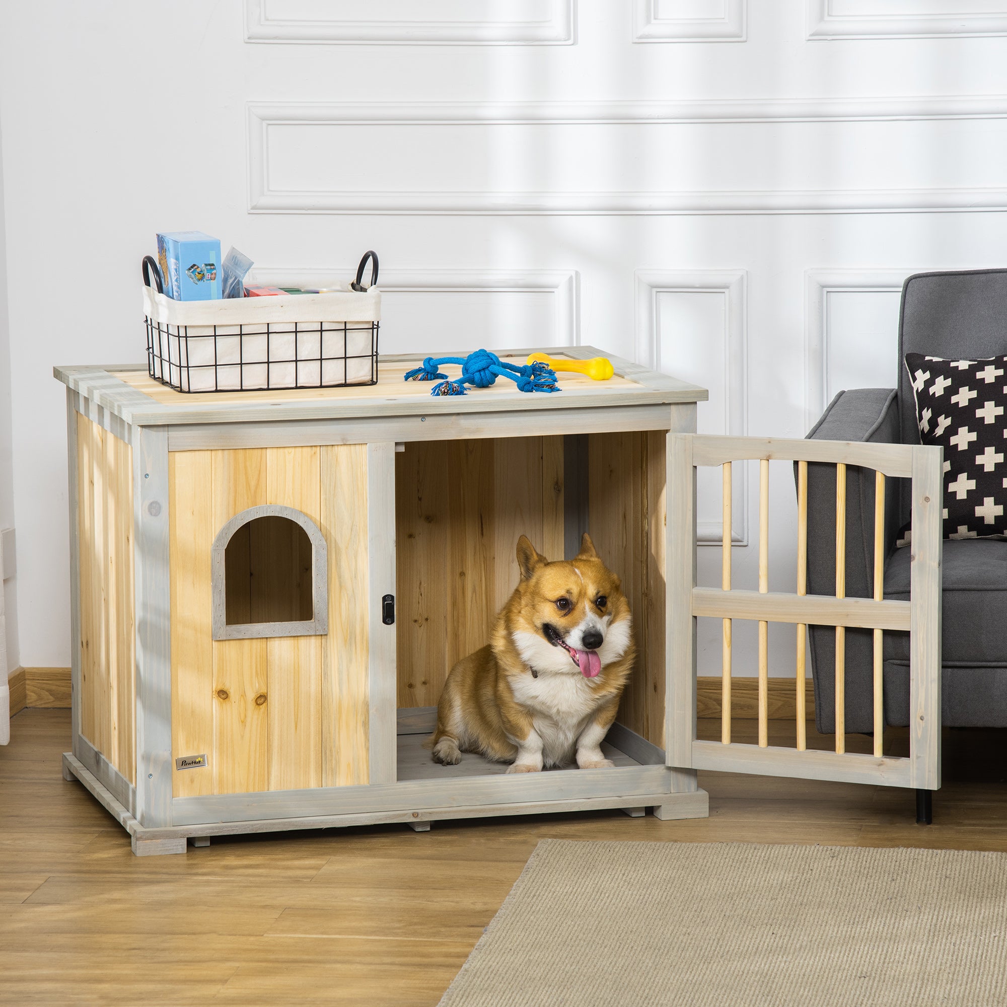 Wooden Dog Crate, End Table w/ Lockable Door and Window for Small and Medium Dog, Grey and Yellow, 95 x 65.5 x 70.5cm