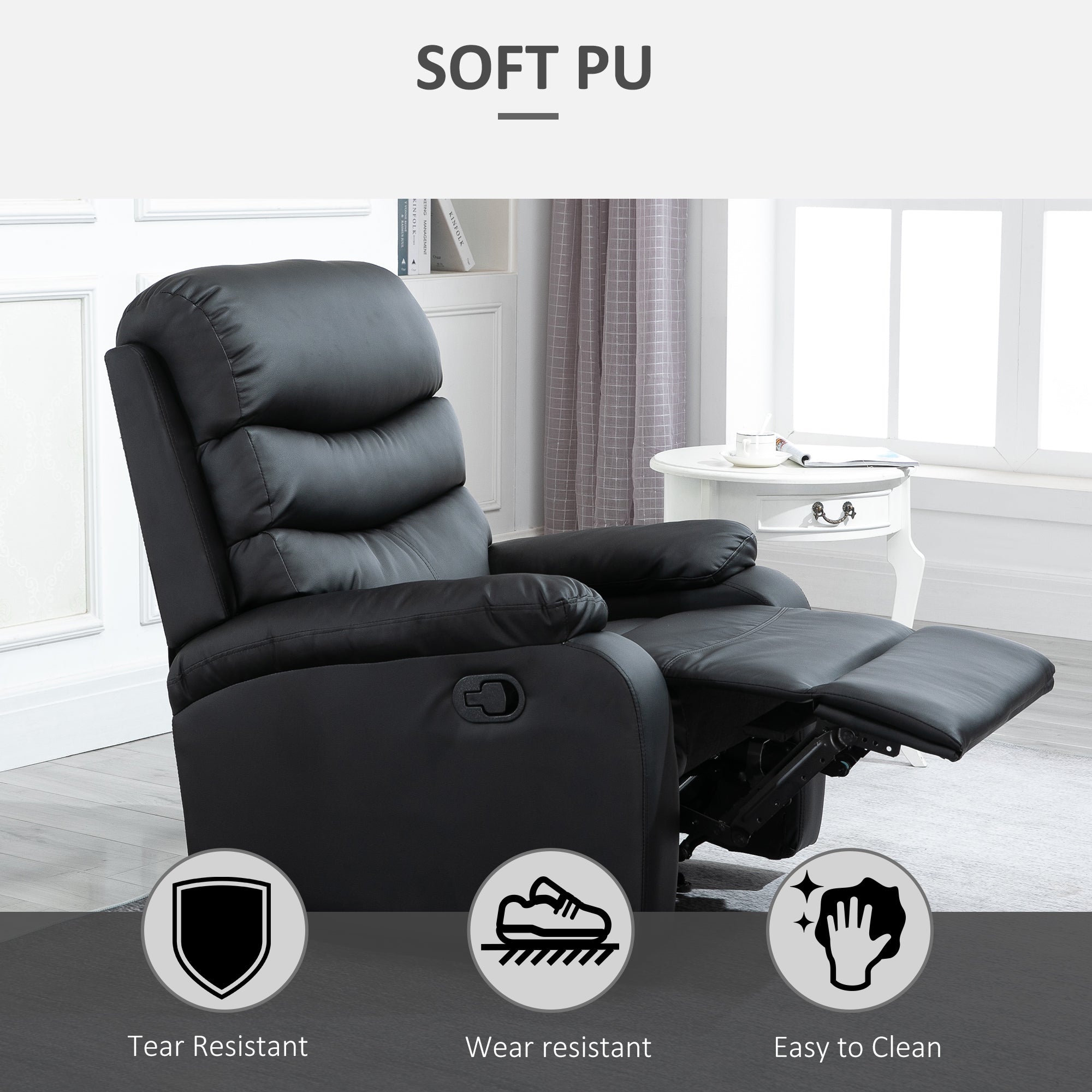 PU Leather Reclining Chair, Manual Recliner Chair with Padded Armrests, Retractable Footrest and Wood Frame, Black