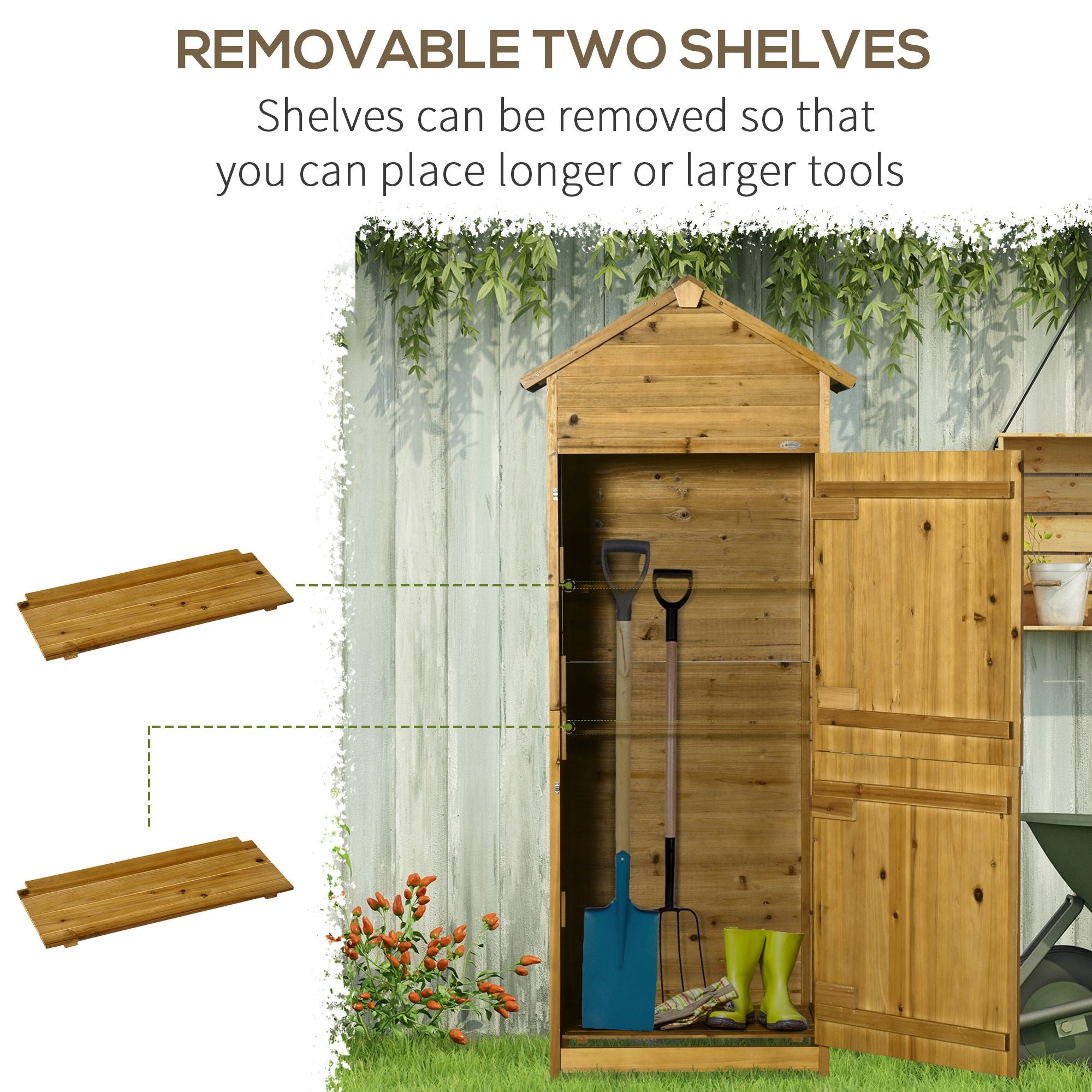 Wooden Garden Storage Shed Utility Gardener Cabinet w/ 3 Shelves and 2 Door, 191.5cm x 79cm x 49cm, Natural Wood Effect