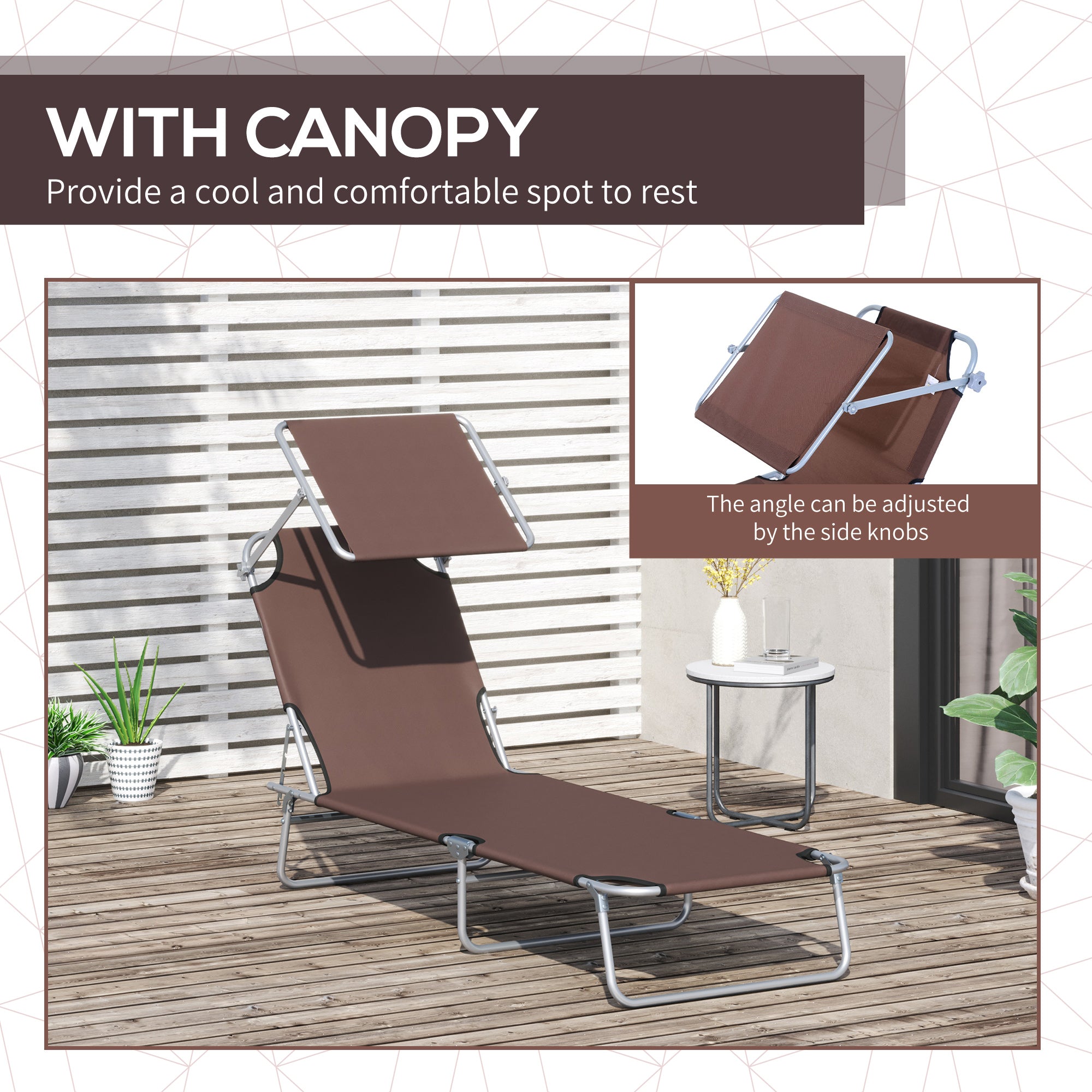 2 Pcs Outdoor Foldable Sun Lounger Set w/ Removeable Shade Canopy, Patio Recliner Sun Lounger w/ Adjustable Backrest w/ Mesh Fabric, Brown